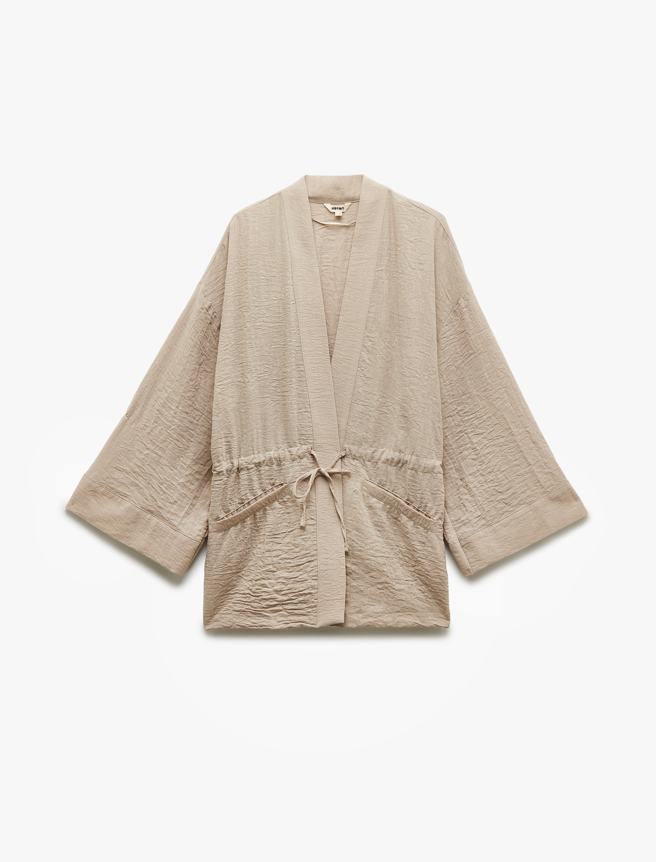   Uzun Kollu Cepli Beli Bağcık Detaylı Kruvaze Kimono