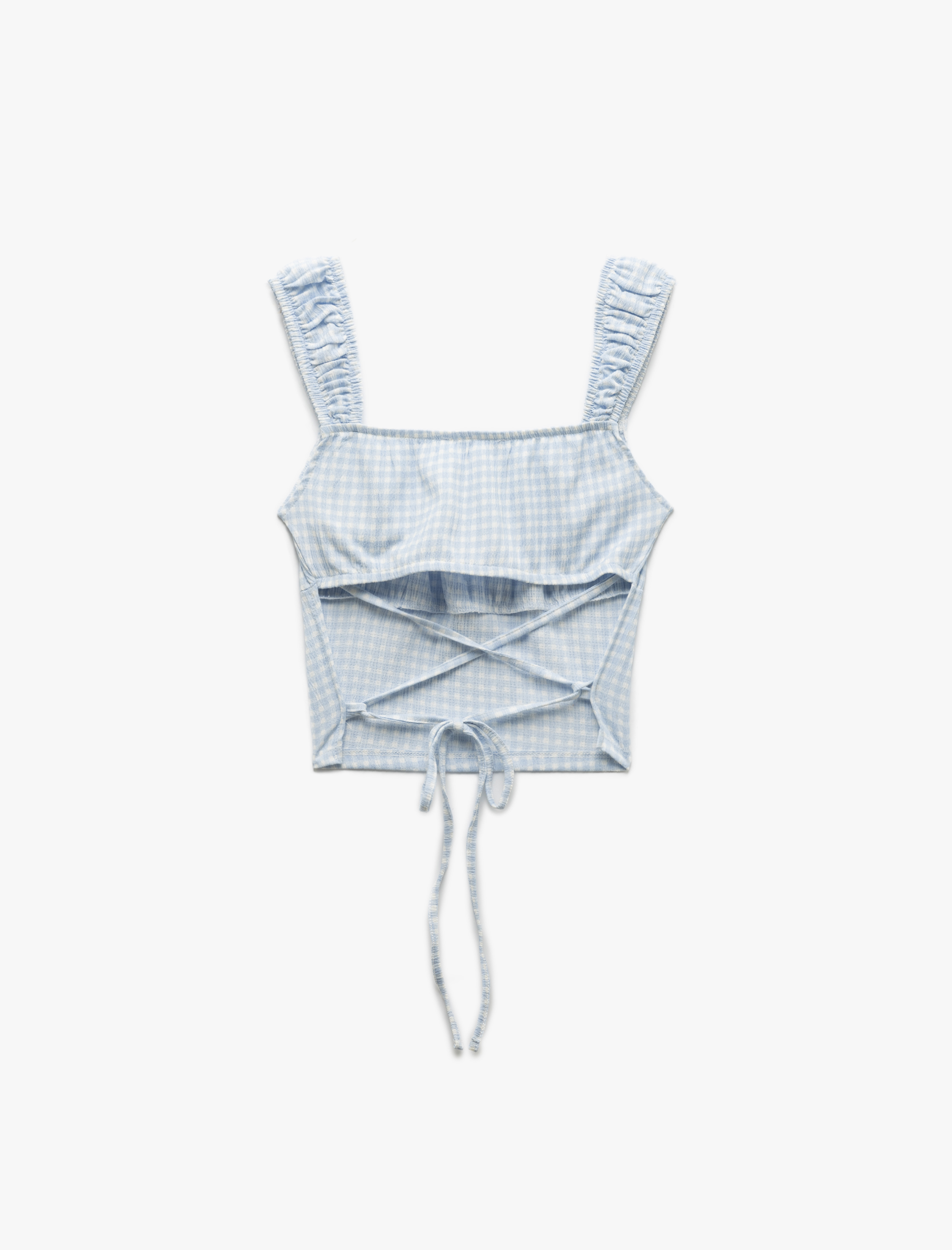   Kare Yaka Kalın Askılı Potikareli Dar Kesim Sırt Detaylı Bürümcük Crop Bluz