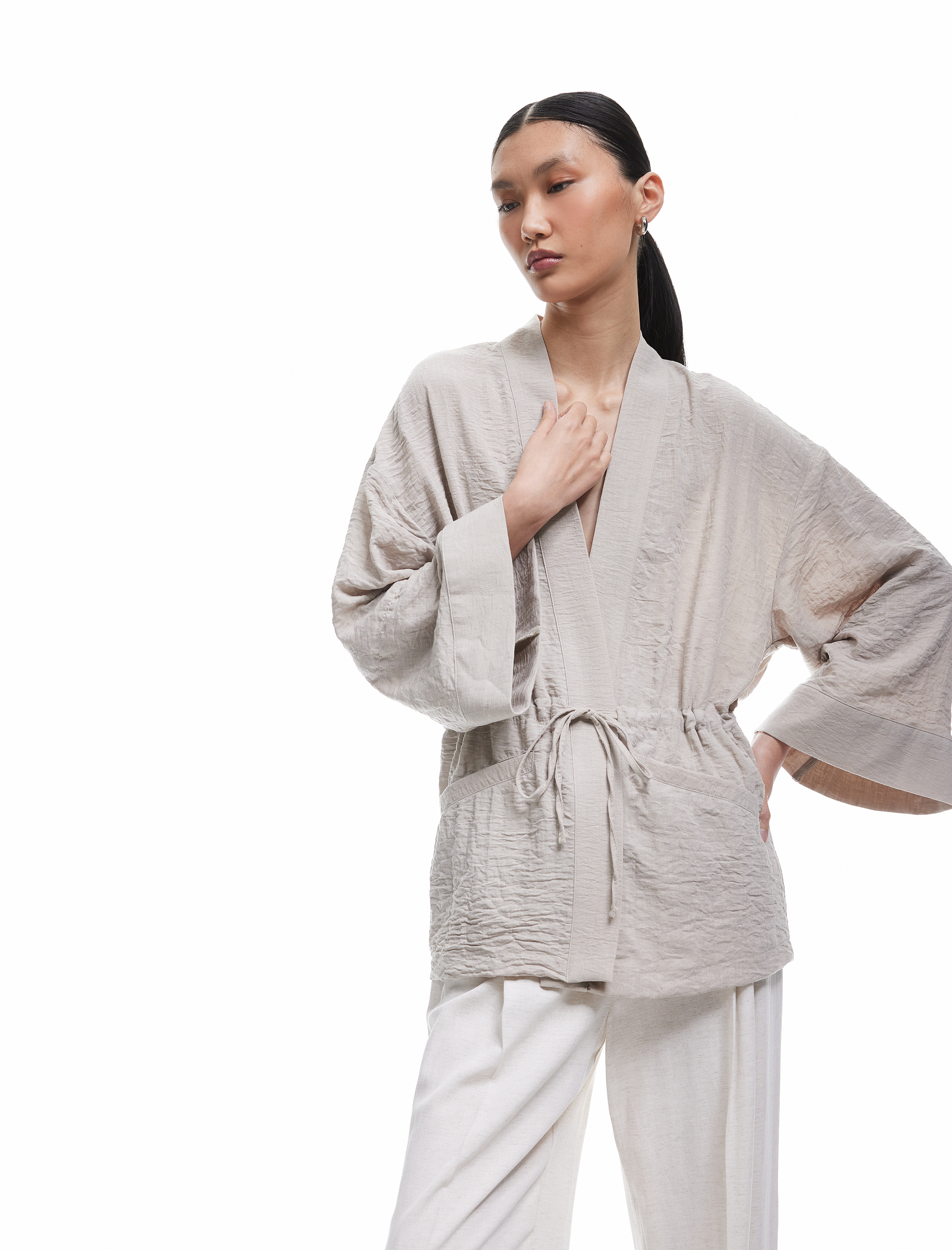 Koton Kadın Uzun Kollu Cepli Beli Bağcık Detaylı Kruvaze Kimono -1