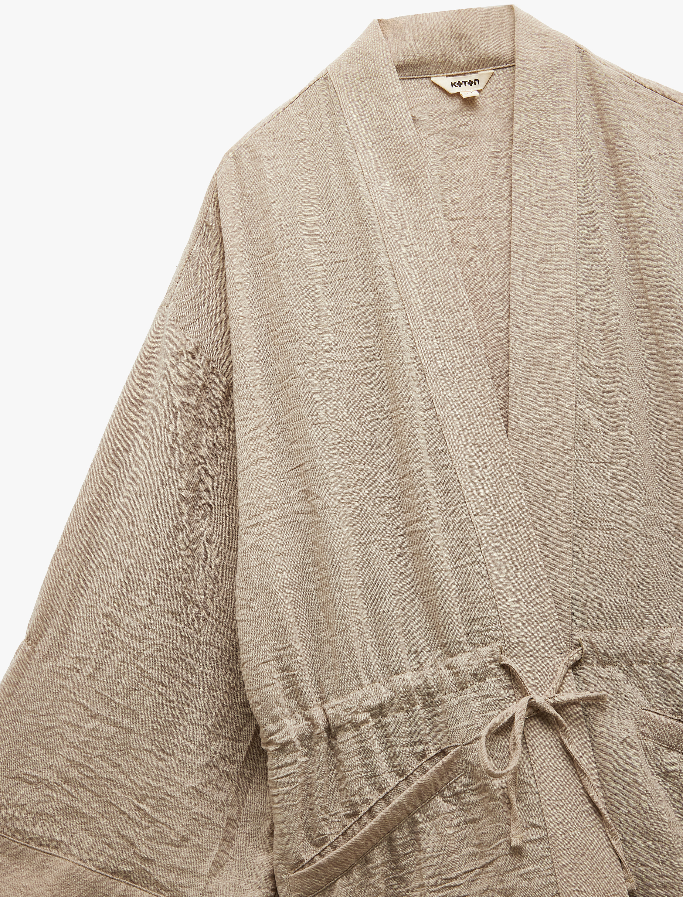   Uzun Kollu Cepli Beli Bağcık Detaylı Kruvaze Kimono