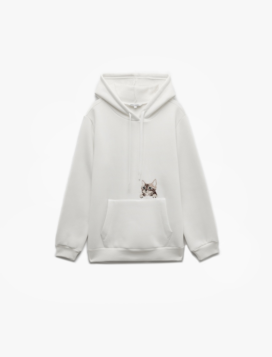   Şardonlu Uzun Kollu Kapüşonlu Kanguru Cepli Nakış Detaylı Sweatshirt