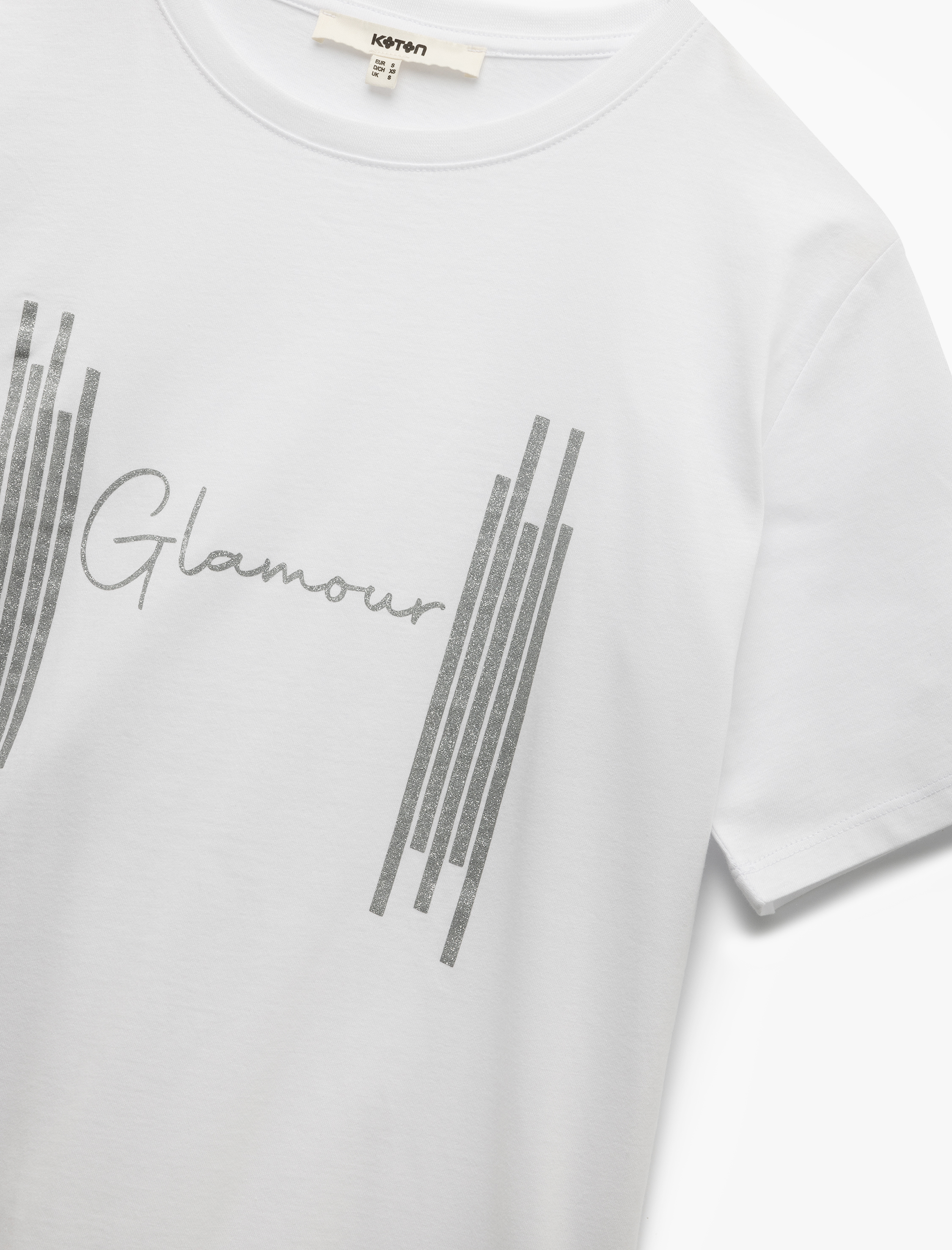   Pamuklu Bisiklet Yaka Kısa Kollu Simli Baskılı Kadın Tişört