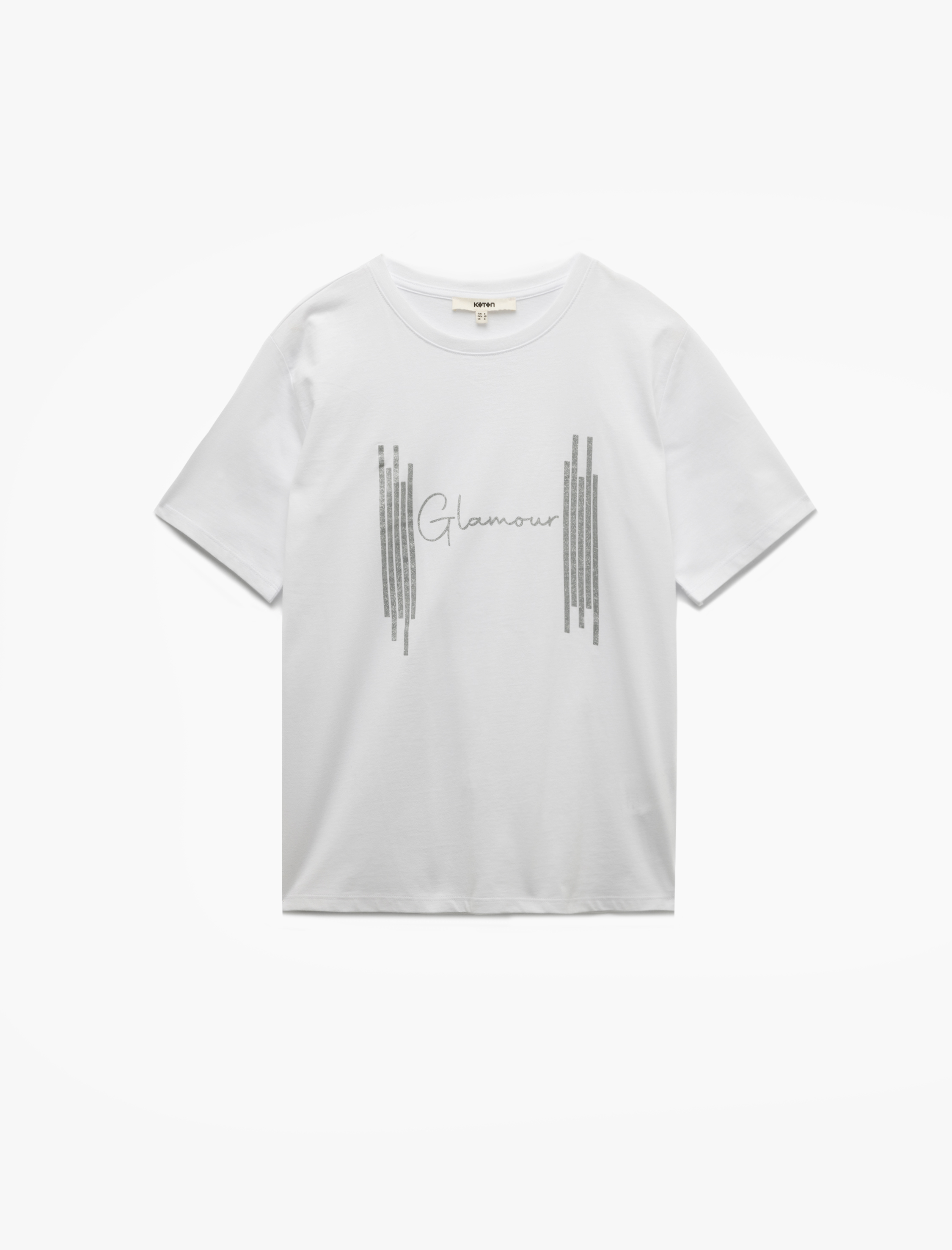   Pamuklu Bisiklet Yaka Kısa Kollu Simli Baskılı Kadın Tişört