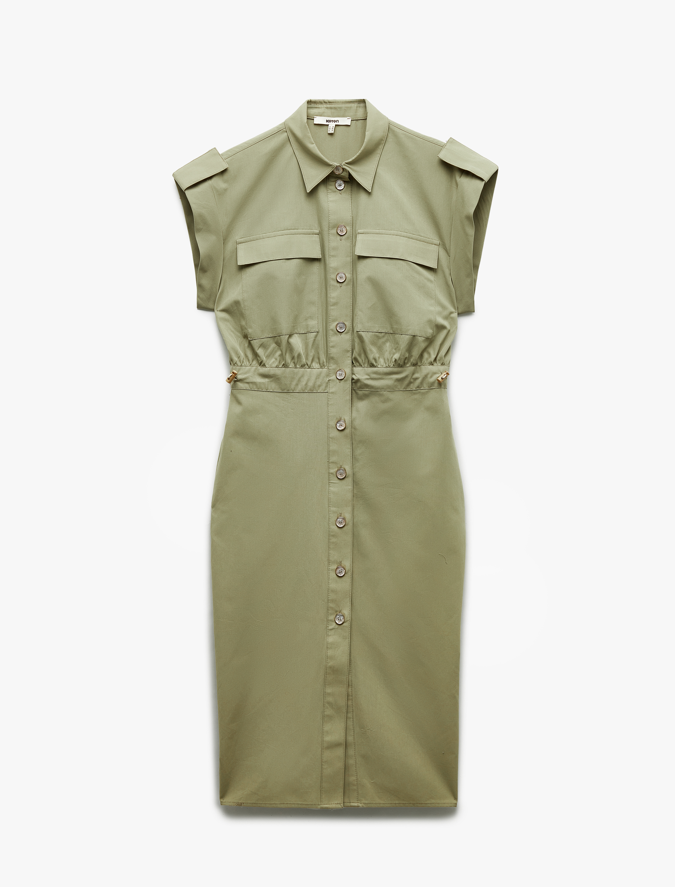   Pamuklu Düğmeli Cepli Apolet Detaylı Midi Boy Gömlek Elbise