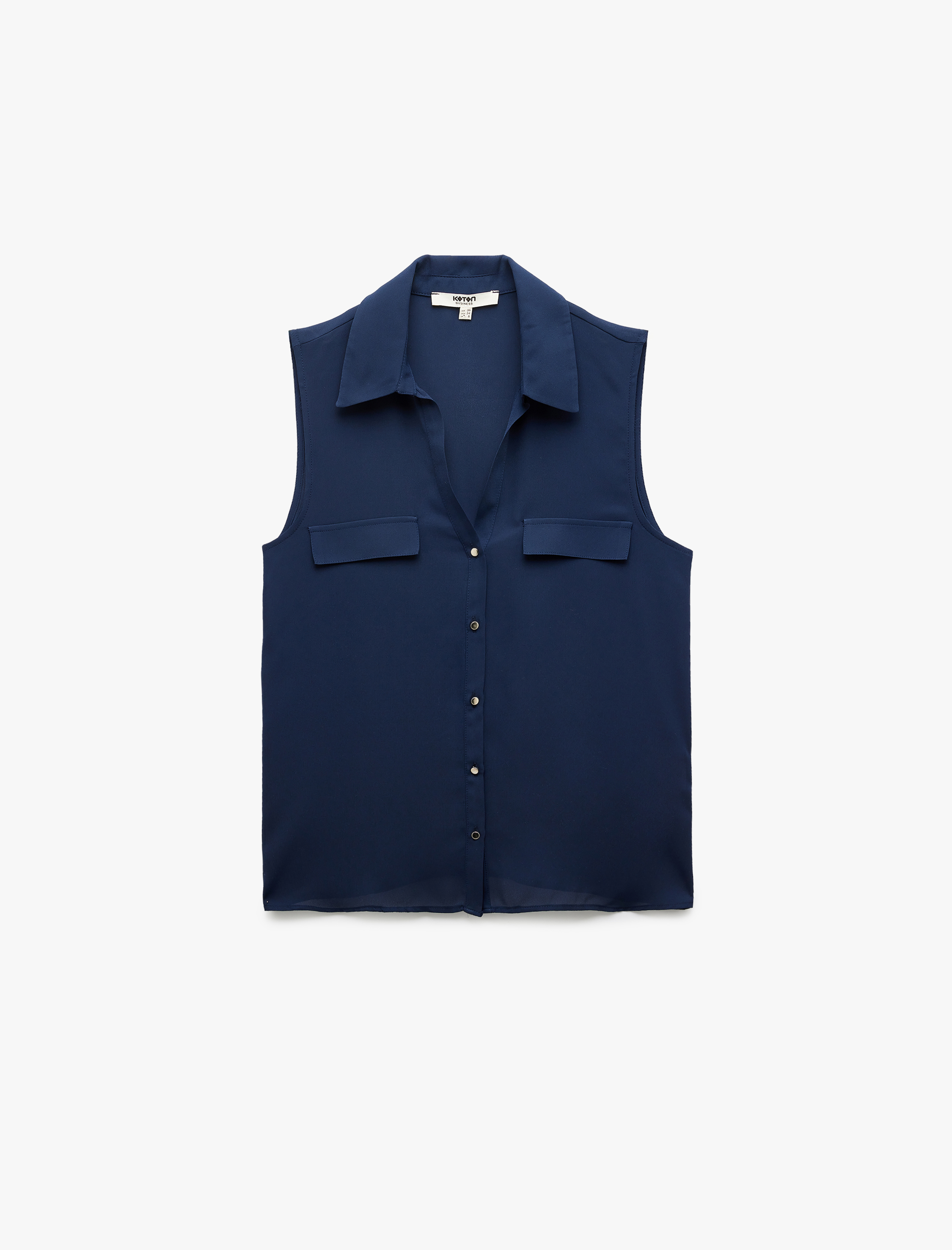   Düğmeli Aplike Detaylı Klasik Yaka Kolsuz Keten Karışımlı Gömlek