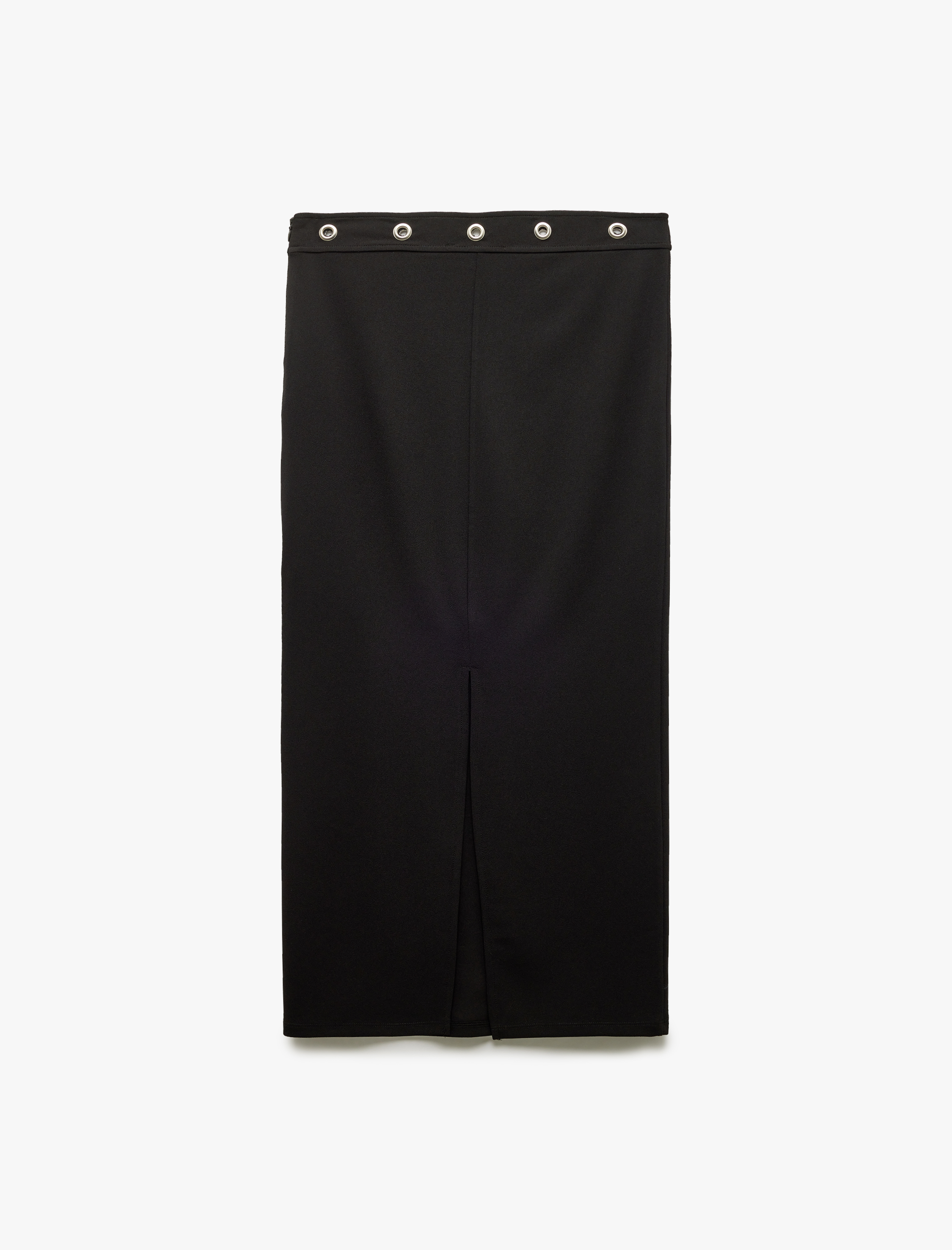   Krep Scuba Kumaş Aksesuar Detaylı Yırtmaç Detaylı Midi Kalem Etek