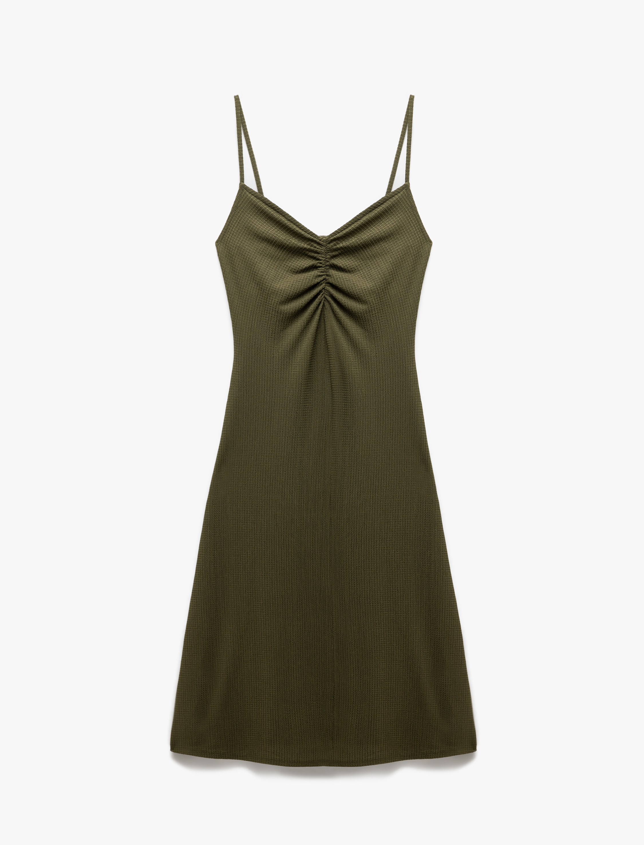 Drape Detaylı Bürümcük Kumaş İnce Askılı Midi Elbise