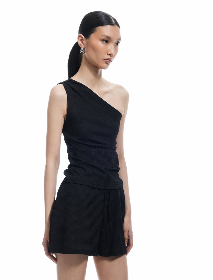  Beli Bağlamalı Bürümcük Kumaş Dokulu Cepli Mini Şort