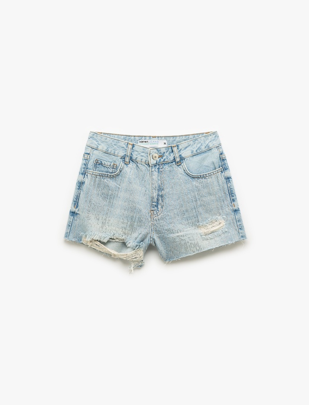 Yüksek Bel Rahat Kesim Pamuklu Yırtık Mini Denim Şort_2