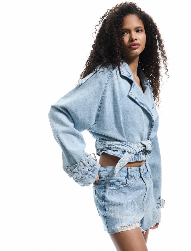Yüksek Bel Rahat Kesim Pamuklu Yırtık Mini Denim Şort_0