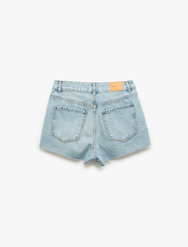 Yüksek Bel Rahat Kesim Pamuklu Yırtık Mini Denim Şort_3