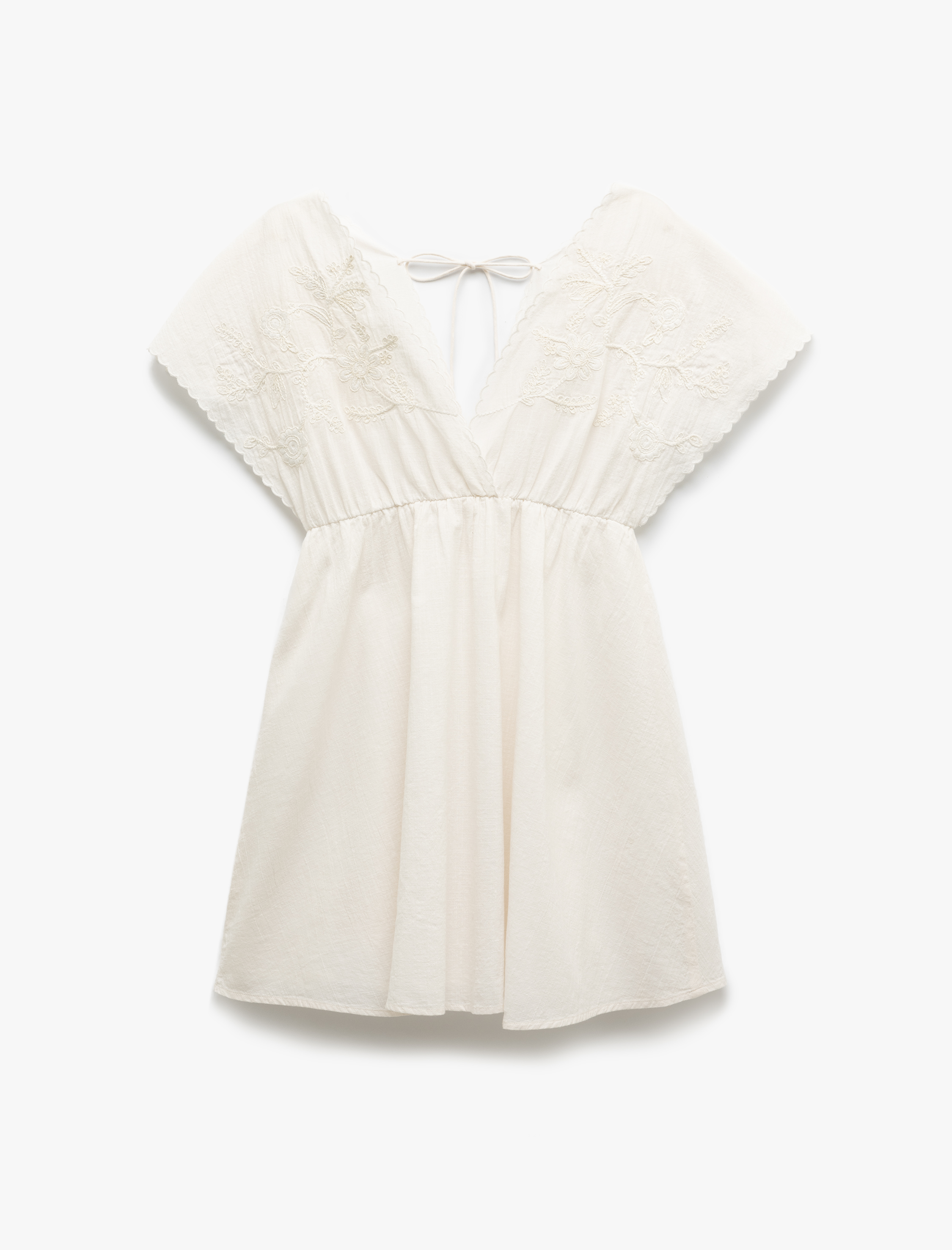   Pamuklu Astarlı Floral Nakış Detaylı Brodeli Yarasa Kol V Yaka Mini Elbise