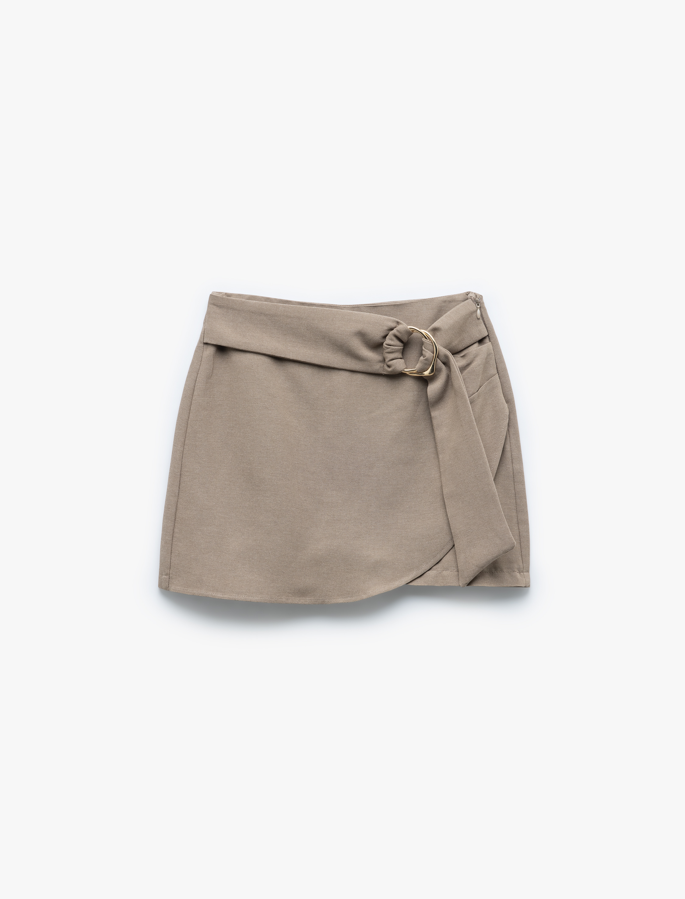   Viskon Keten Karışımlı Metal Aksesuarlı Kemerli Kruvaze Şort Etek
