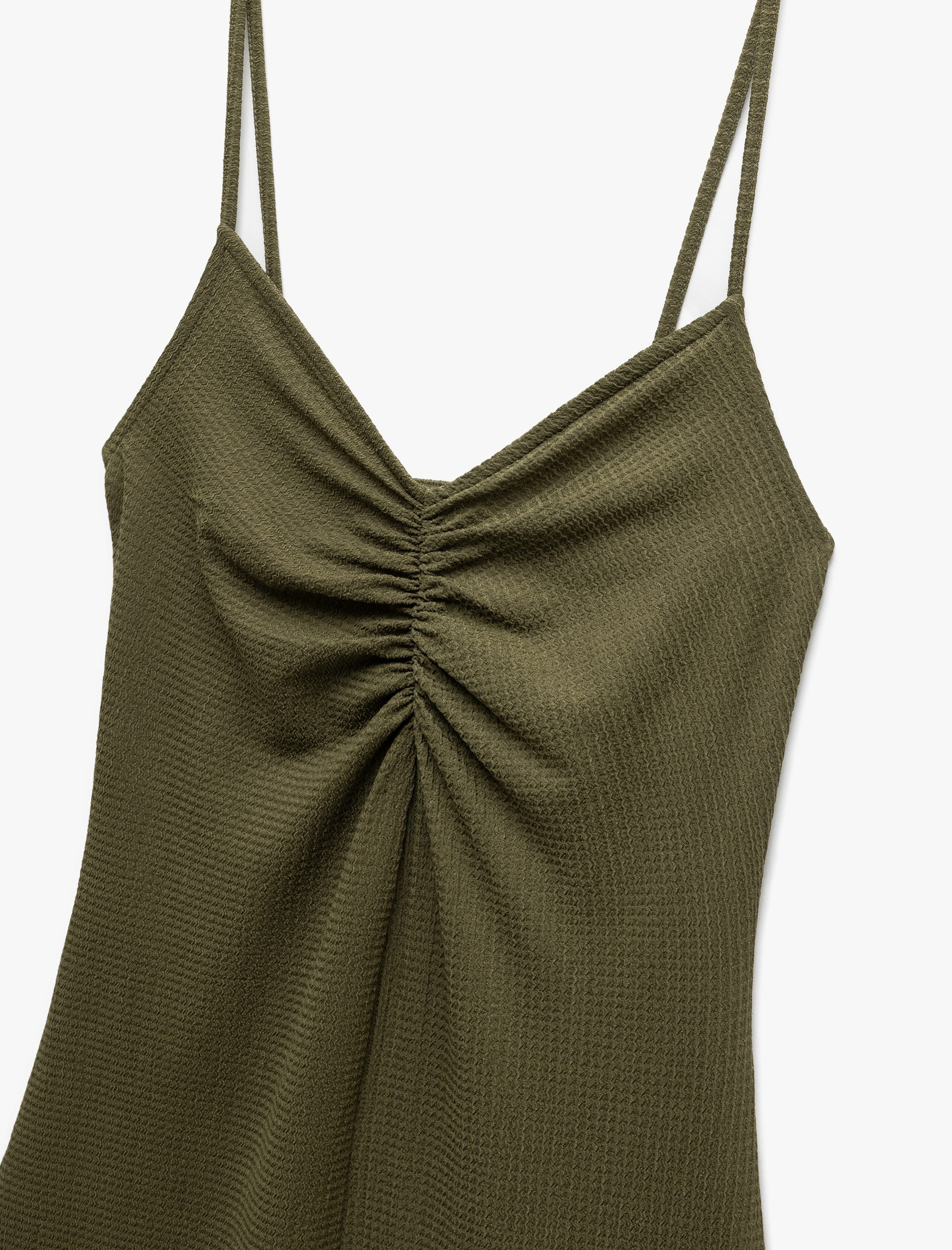 Drape Detaylı Bürümcük Kumaş İnce Askılı Midi Elbise