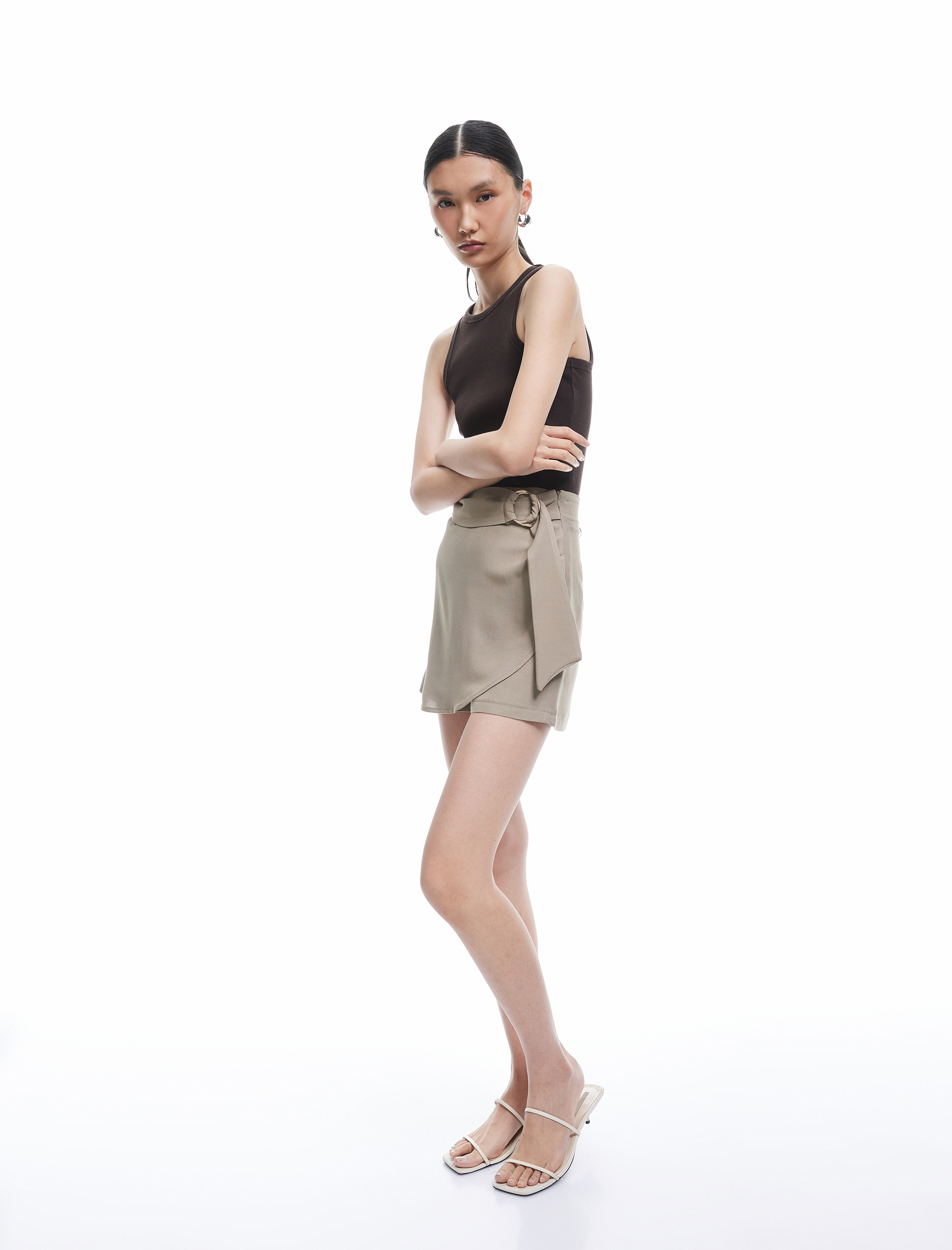   Rahat Kalıp Keten Viskon Kumaş Kruvaze Mini Şort Etek