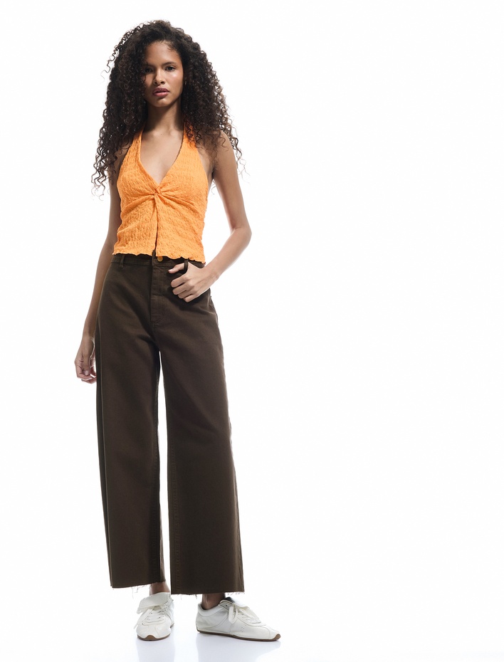  Cep Detaylı Düğmeli Pamuklu Crop Geniş Paça Denim Pantolon - Culotte Jean