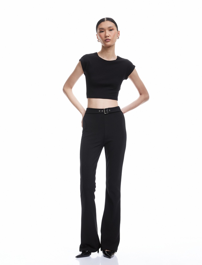  Kemerli Slim Fit Hafif İspanyol Paça Kumaş Pantolon