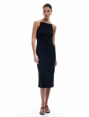 Slim Fit Krep Scuba Kumaş Yırtmaçlı İnce Askılı Halter Yaka Elbise_1