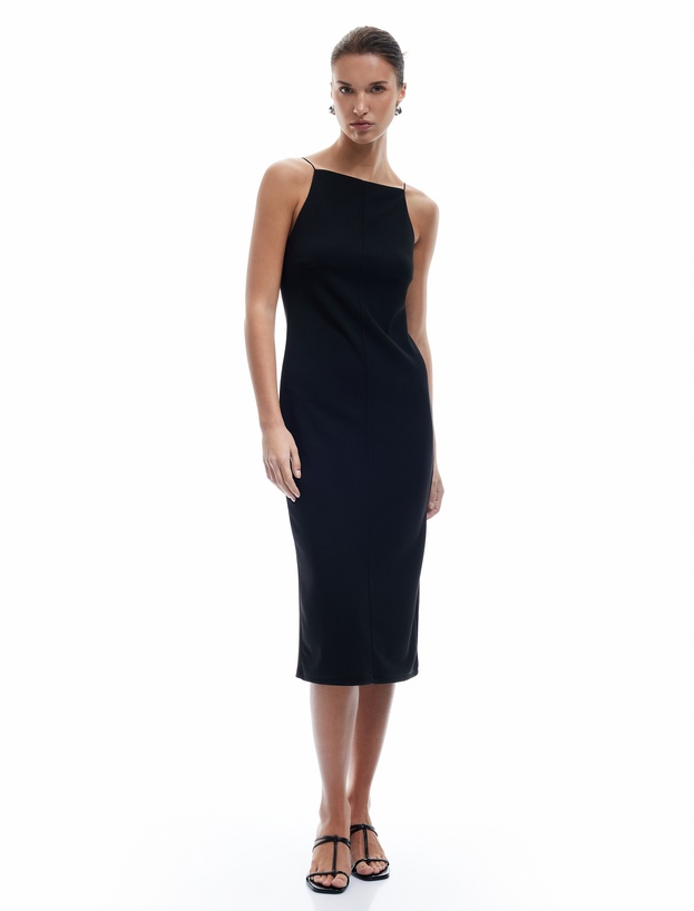 Slim Fit Krep Scuba Kumaş Yırtmaçlı İnce Askılı Halter Yaka Elbise_1
