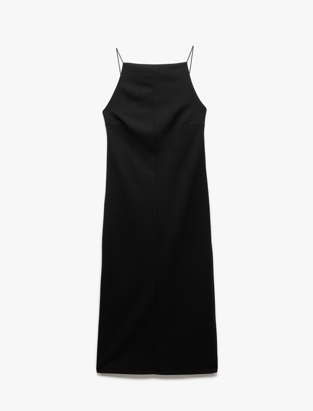 Slim Fit Krep Scuba Kumaş Yırtmaçlı İnce Askılı Halter Yaka Elbise_2