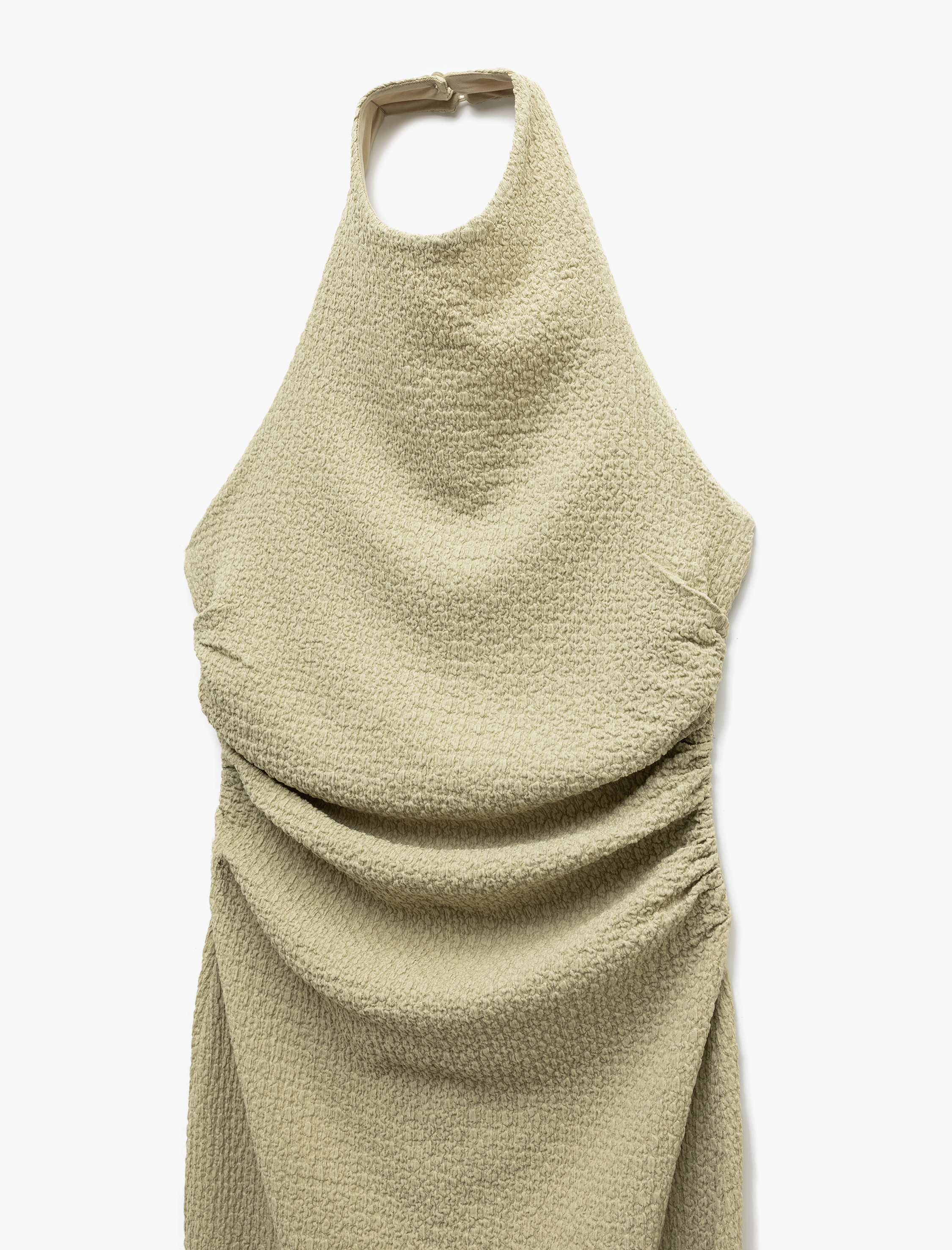   Bürümcük Kumaş Drapeli Dokulu Sırt Dekolteli Halter Yaka Midi Elbise