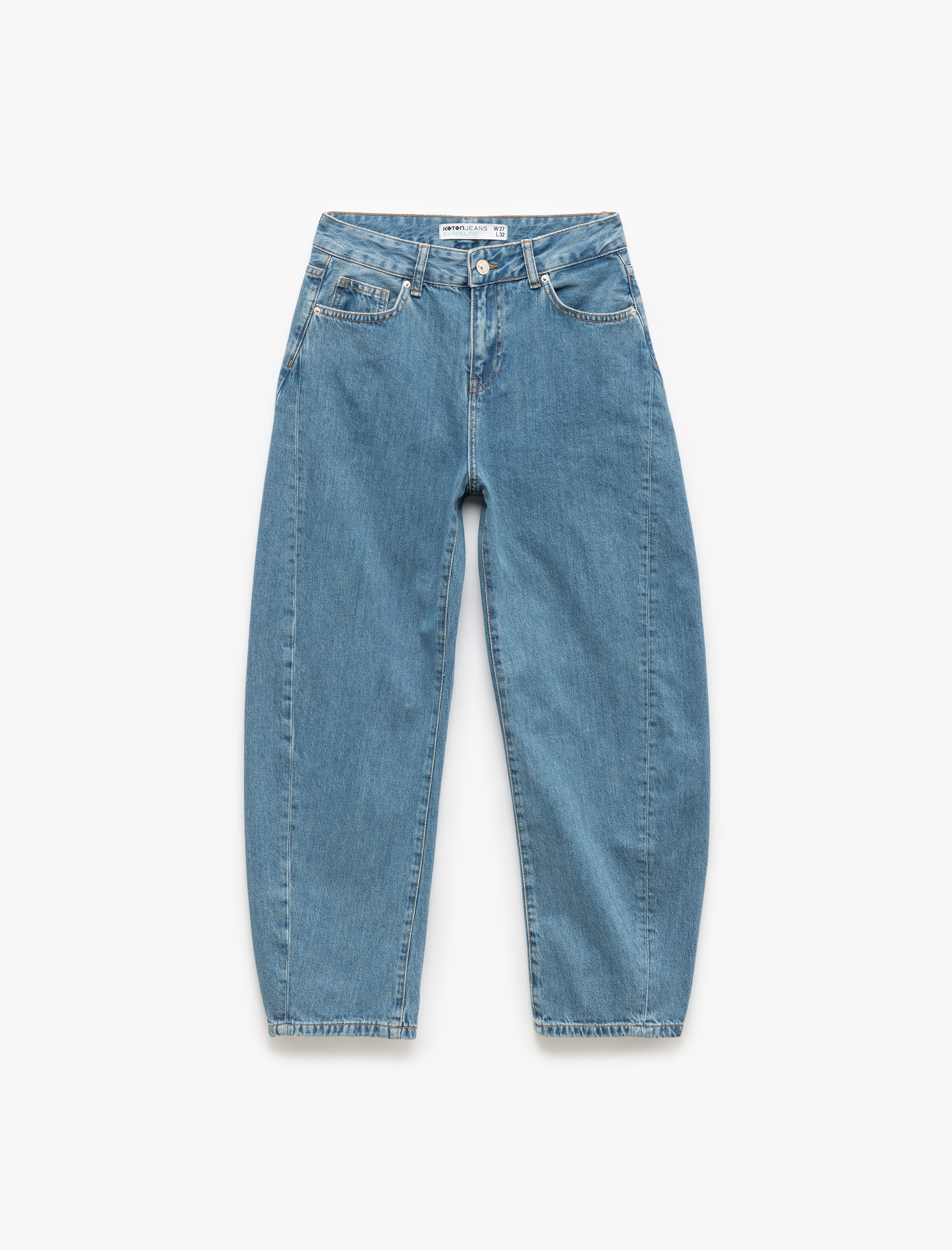   Yüksek Bel Dikiş Detaylı Cepli Düğmeli Barrel Jean Pantolon