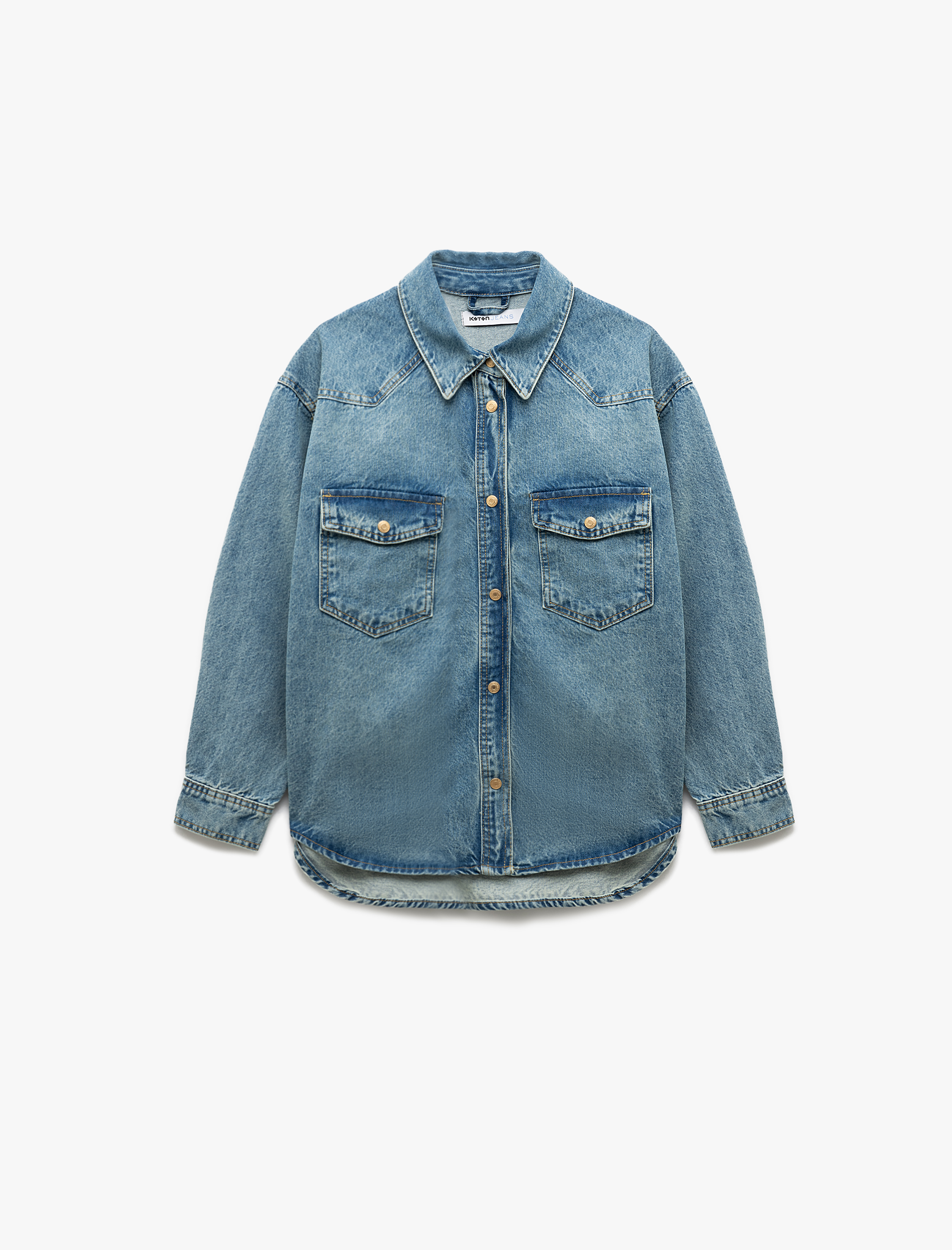   Uzun Kollu Klasik Yaka Cep Detaylı Düğmeli Pamuklu Oversize Denim Gömlek