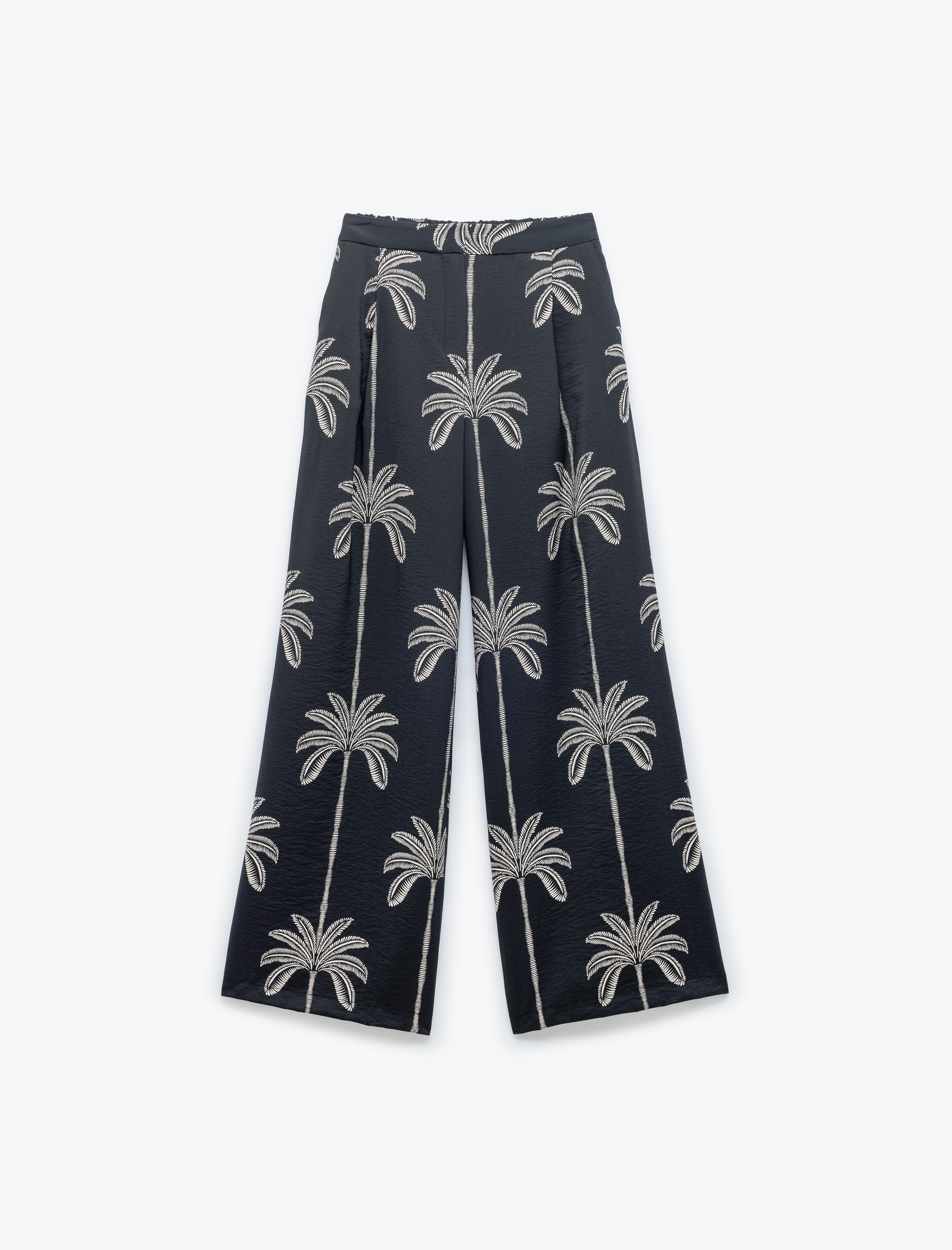   Viskon Kumaş Palmiye Desenli Pile Detaylı Cepli Geniş Paça Palazzo Pantolon