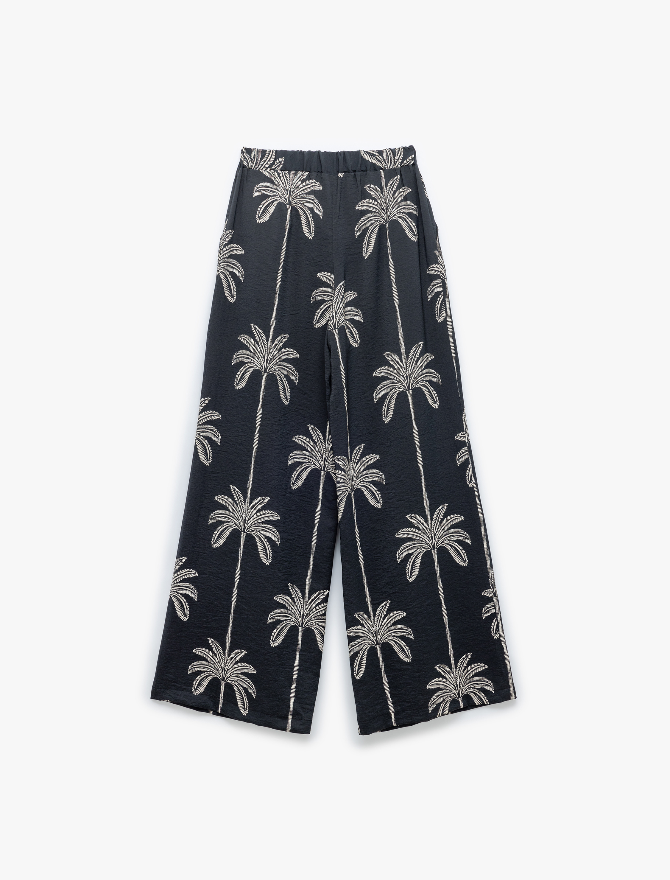   Viskon Kumaş Palmiye Desenli Pile Detaylı Cepli Geniş Paça Palazzo Pantolon