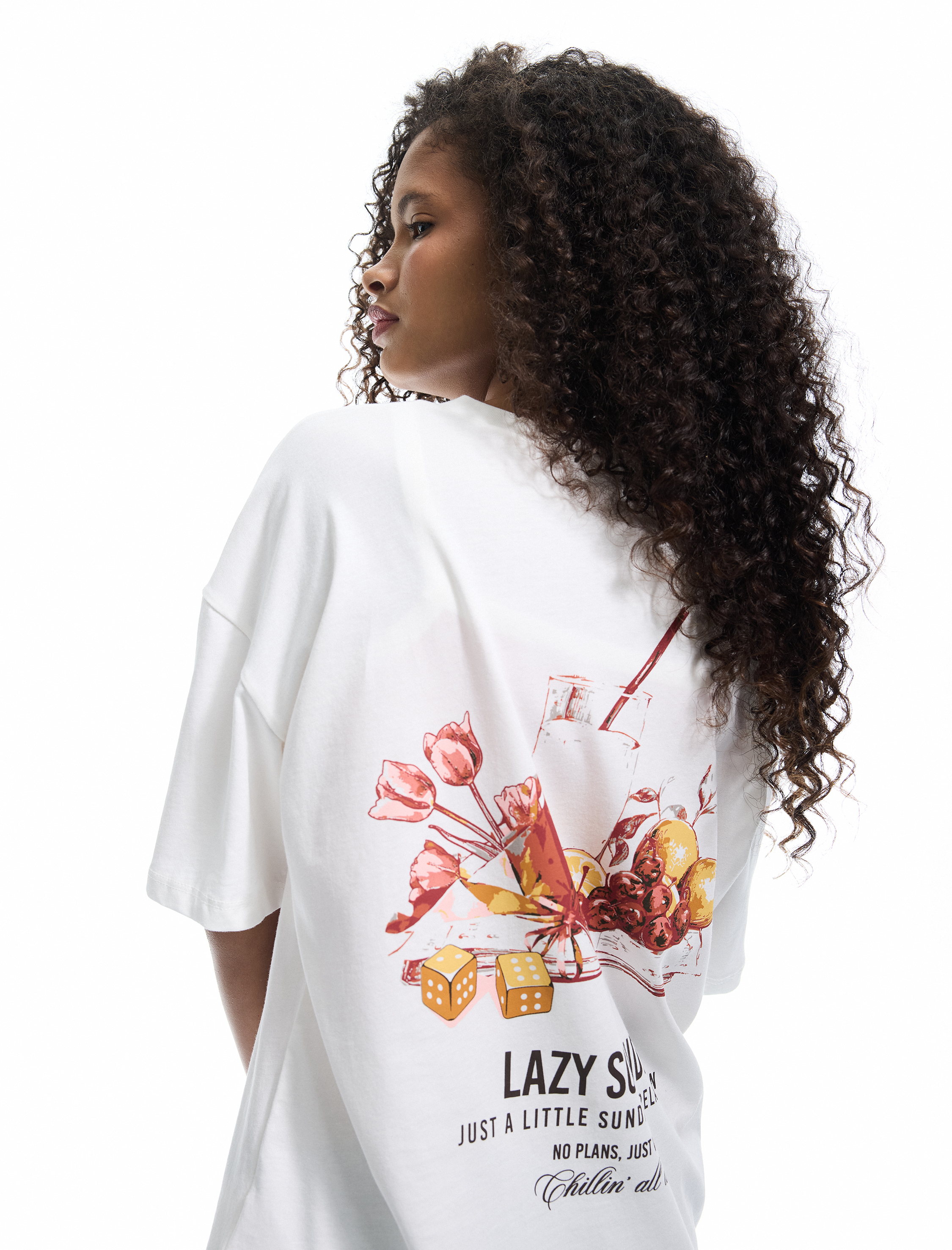   Kısa Kollu Bisiklet Yaka Pamuklu Arkası Baskılı Oversize Tişört