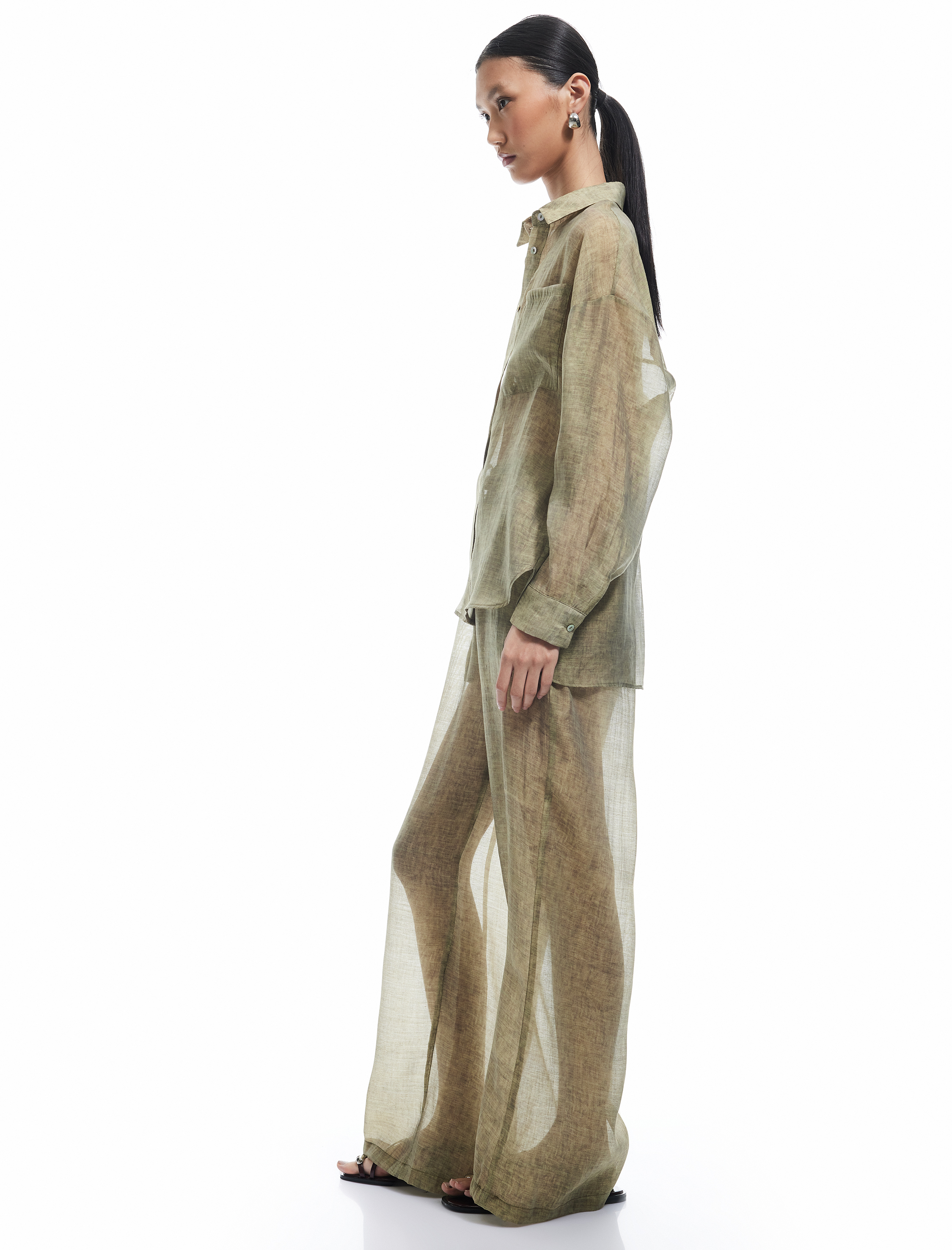   Normal Bel Cepli Transparan Düz Geniş Paça Pantolon