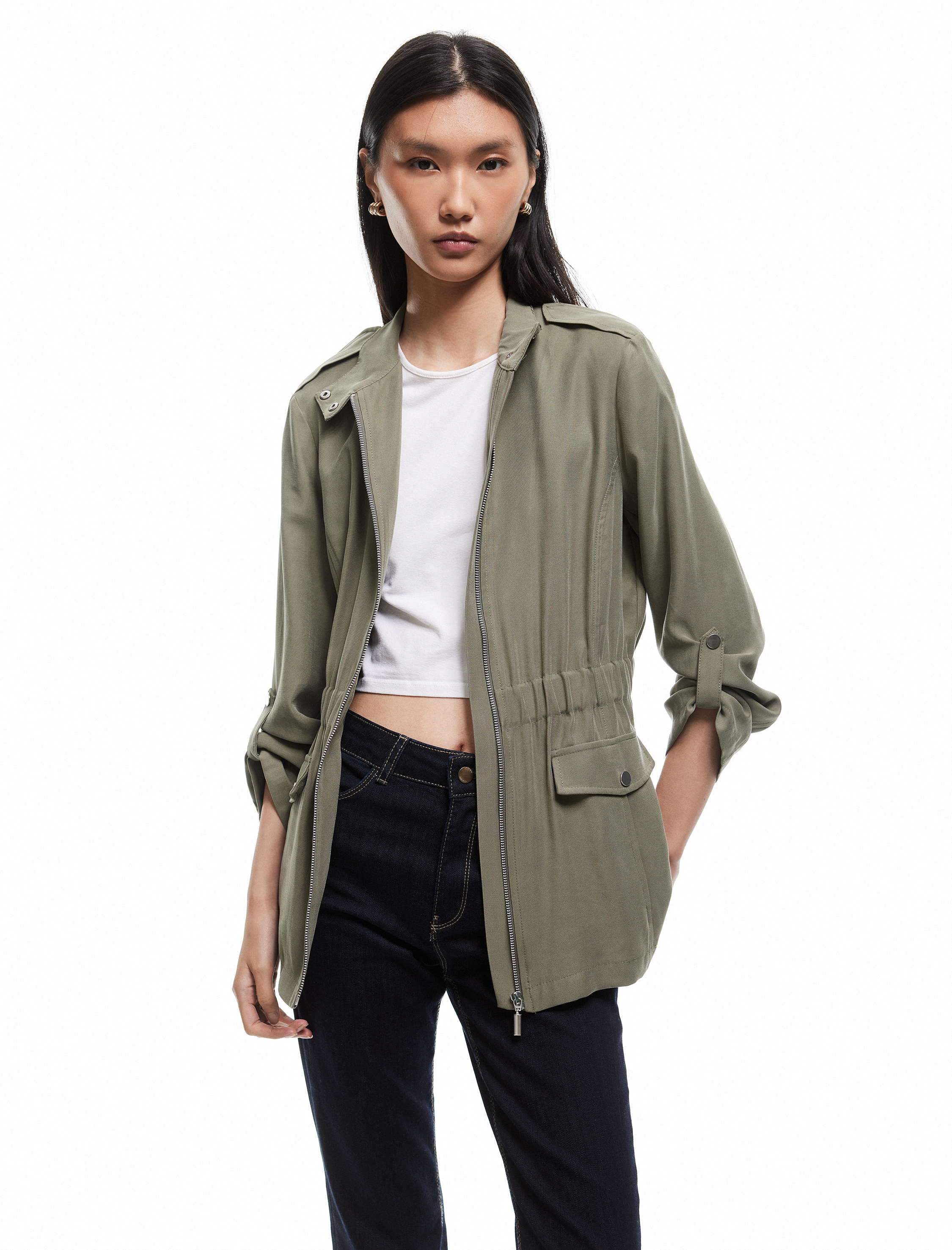 Viskon Uzun Kollu Cepli Fermuarlı Dik Yaka Kısa Trençkot