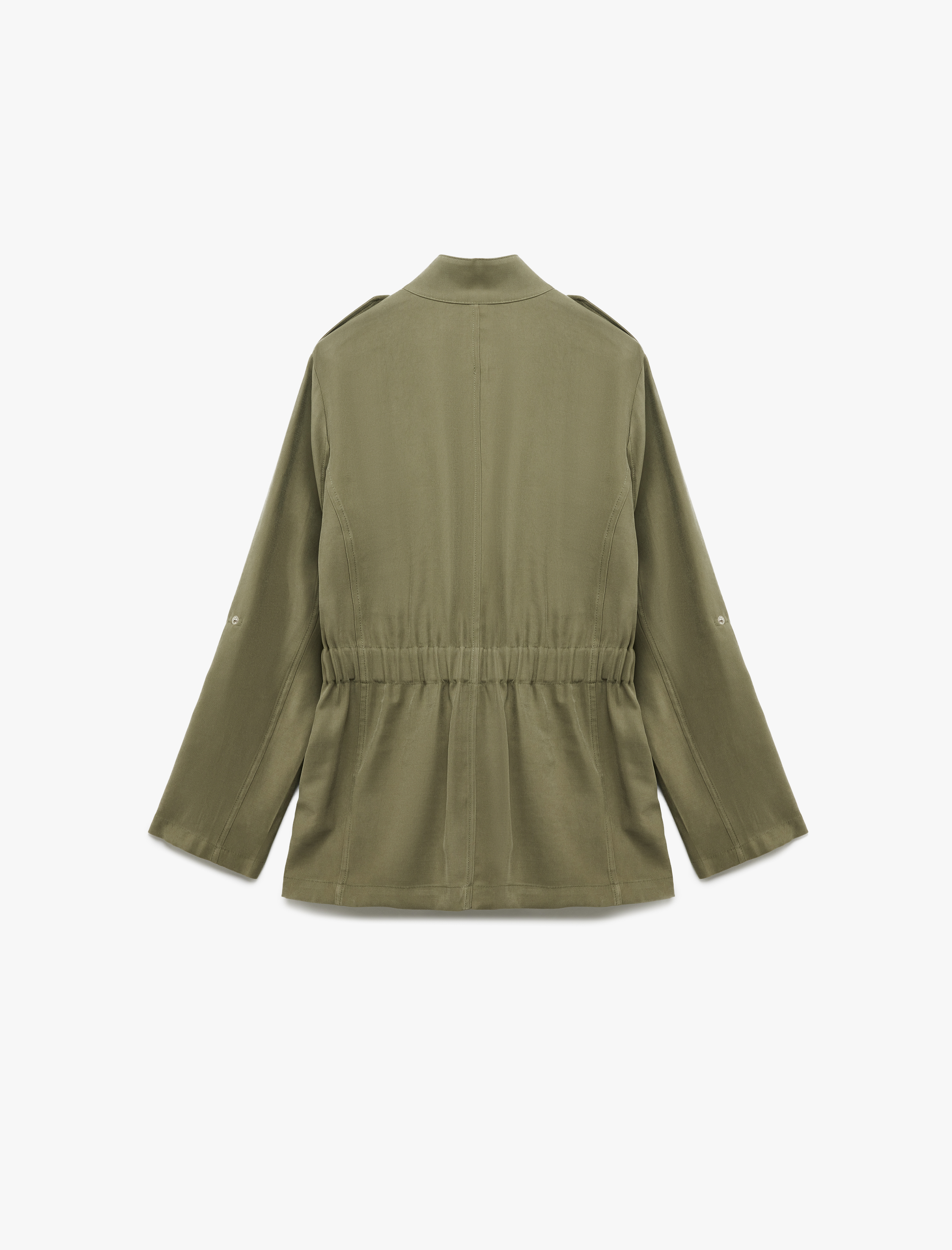 Viskon Uzun Kollu Cepli Fermuarlı Dik Yaka Kısa Trençkot