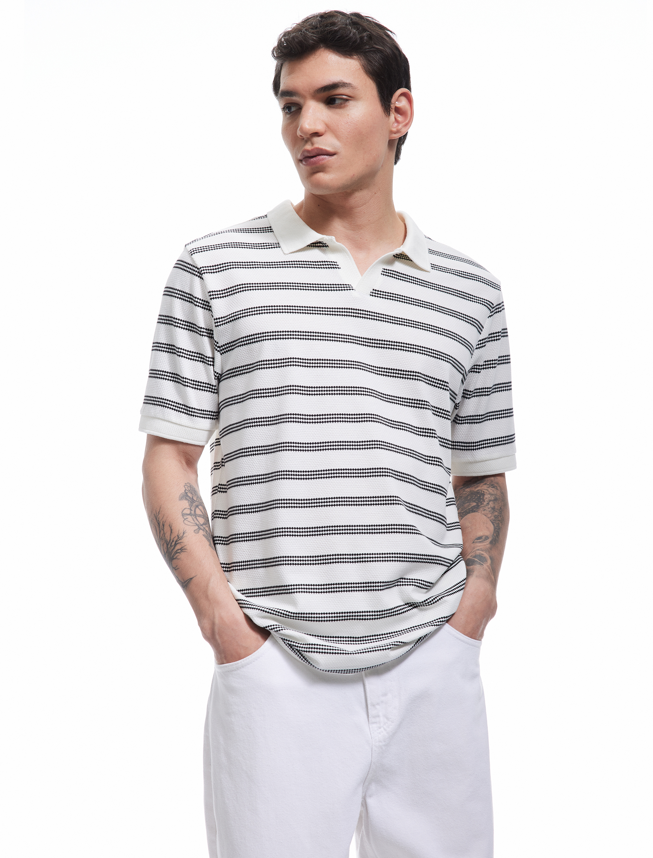 Kısa Kollu Pamuk Karışımlı Regular Fit Çizgili Polo Yaka Tişört