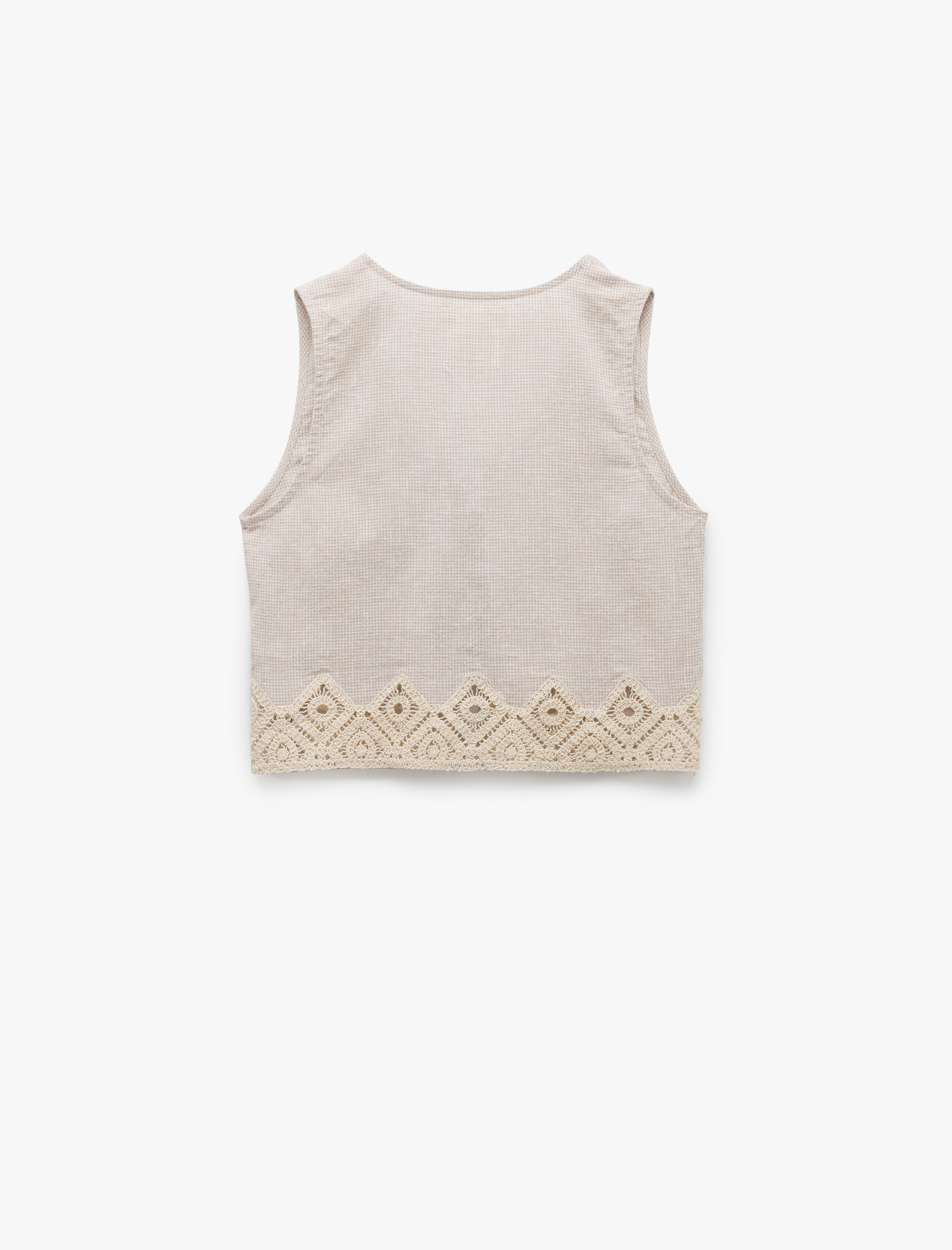   Keten Karışımlı Önden Bağlamalı Kroşe Detaylı Crop Yelek