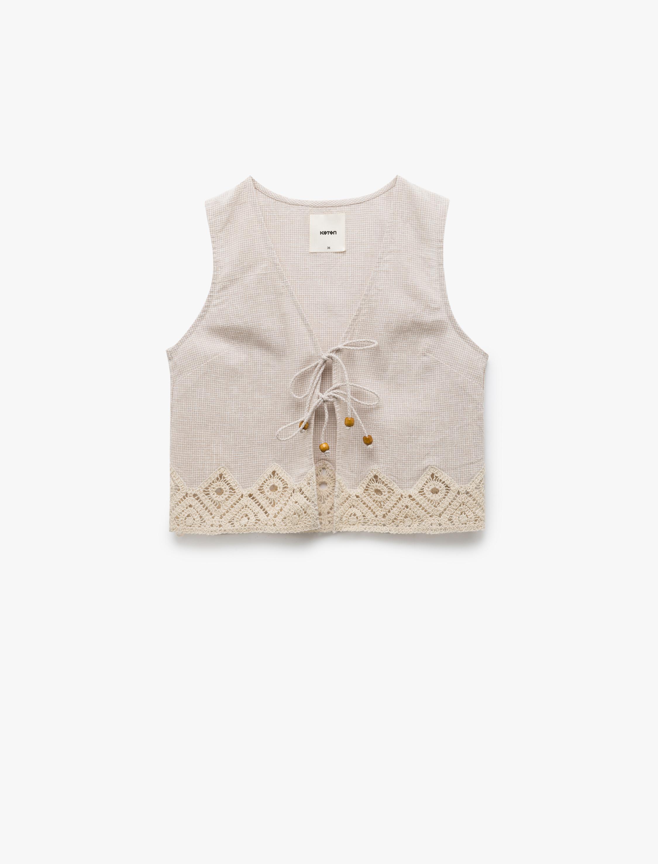   Keten Karışımlı Önden Bağlamalı Kroşe Detaylı Crop Yelek