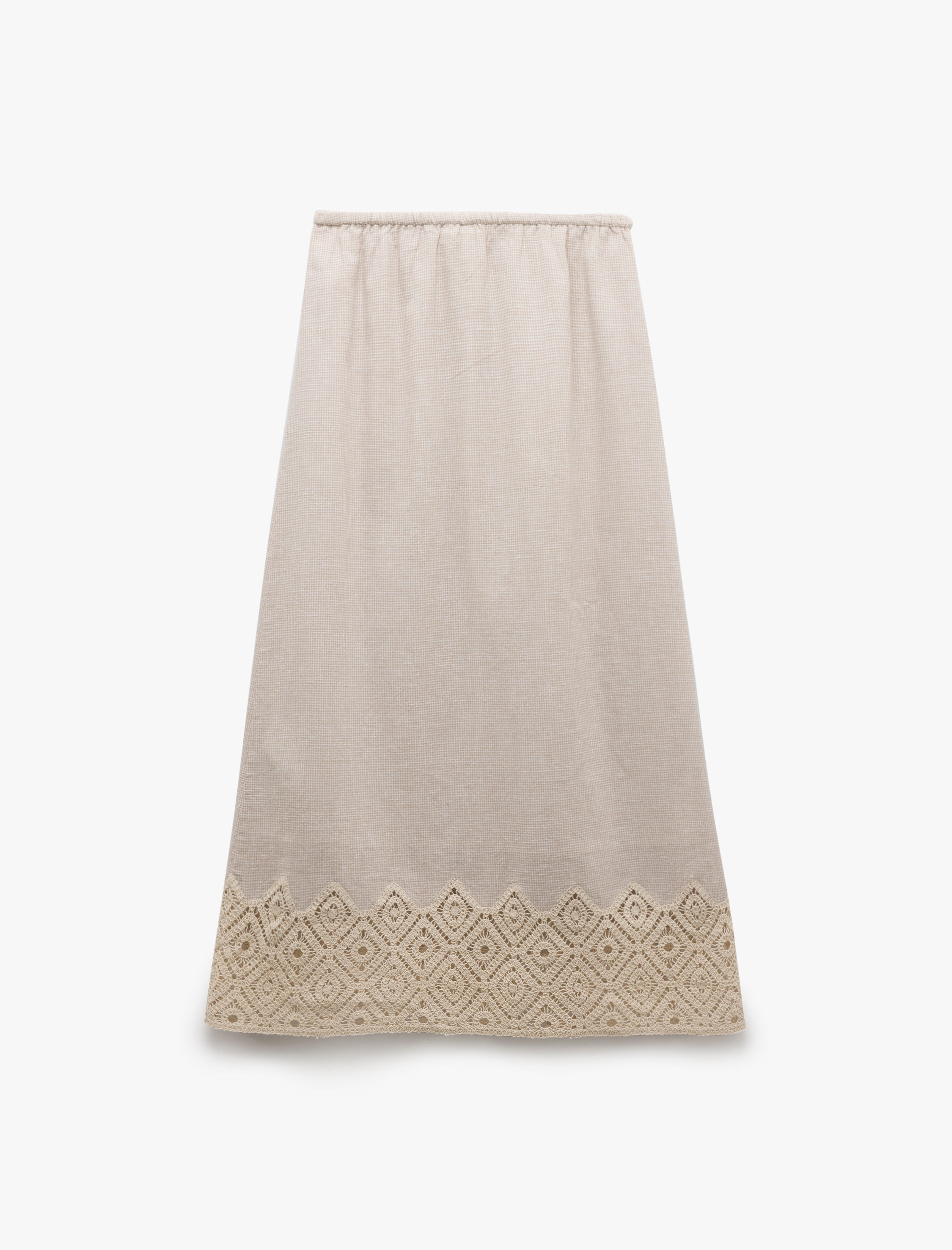   Keten Karışımlı Beli Bağlamalı A Kesim Kroşe Detaylı Uzun Etek