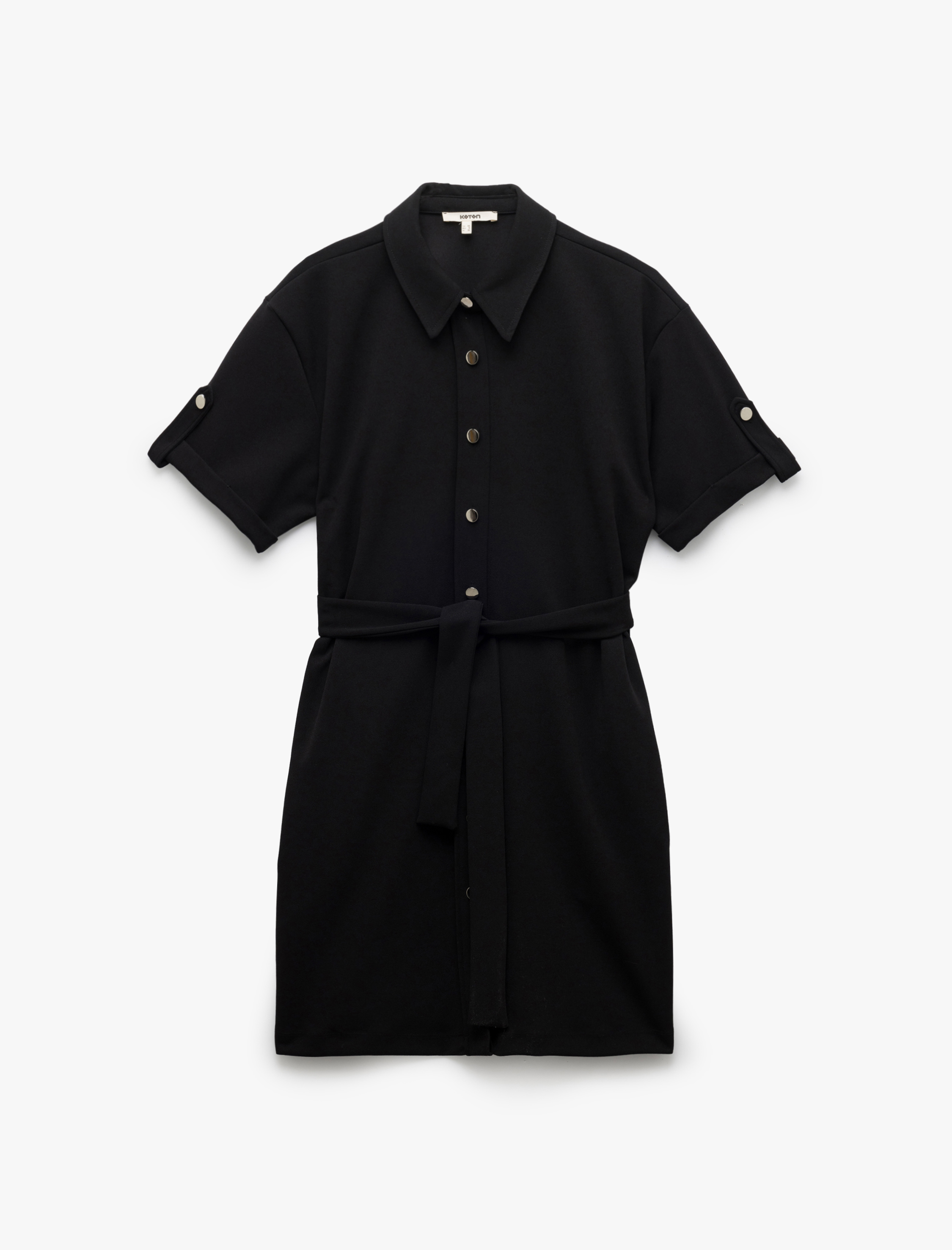   Krep Scuba Kumaş Kuşak Detaylı Düğmeli Kısa Kollu Polo Yaka Mini Elbise