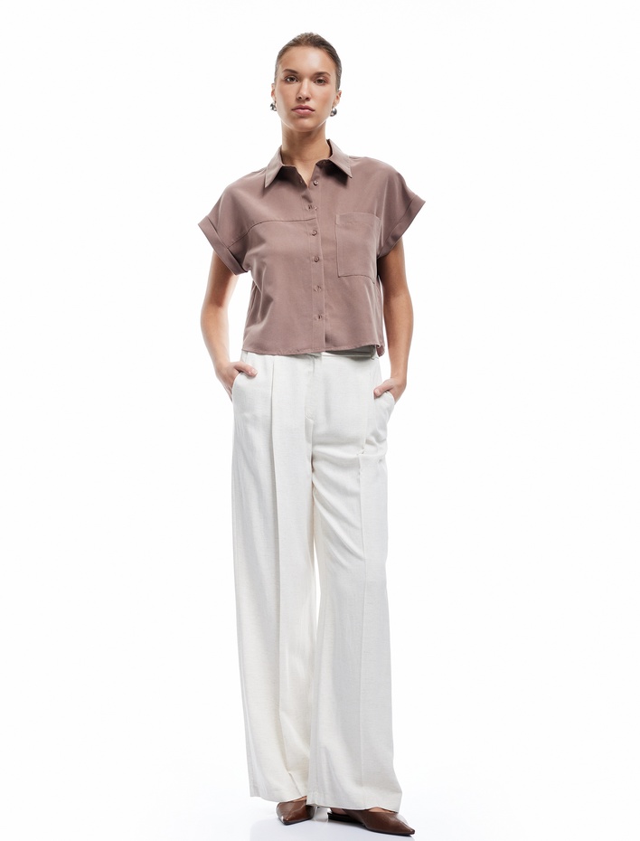  Tek Cep Detaylı Kısa Kollu Modal Kumaş Crop Gömlek