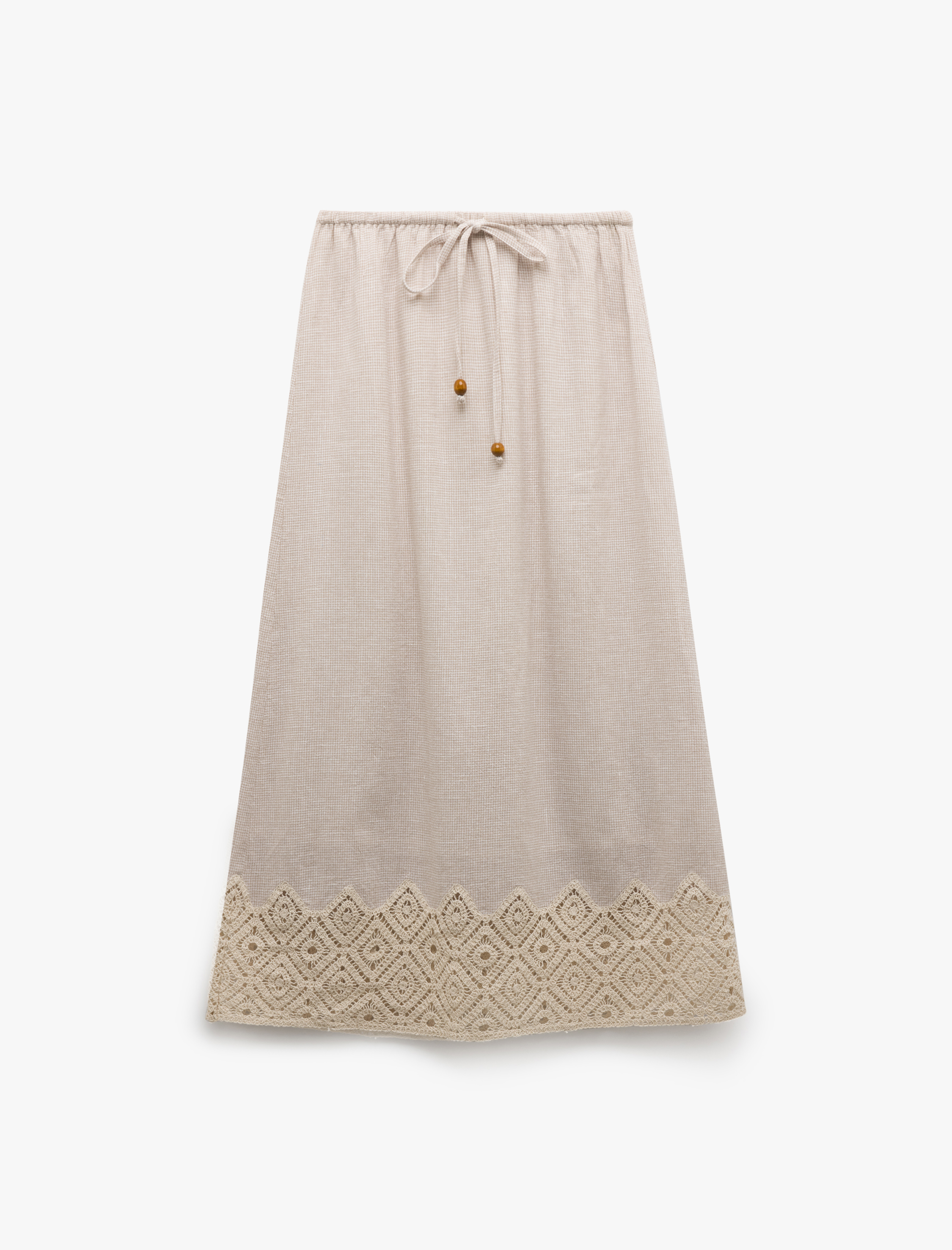   Keten Karışımlı Beli Bağlamalı A Kesim Kroşe Detaylı Uzun Etek