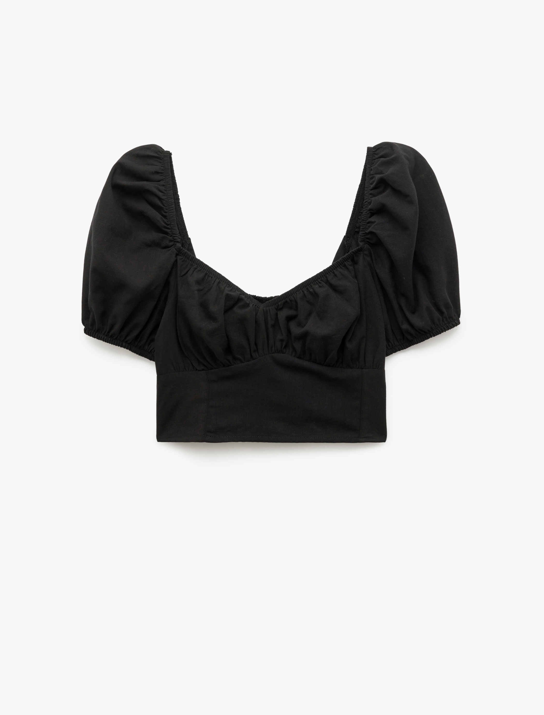   Pamuklu Kare Yaka Kısa Balon Kol Crop Bluz