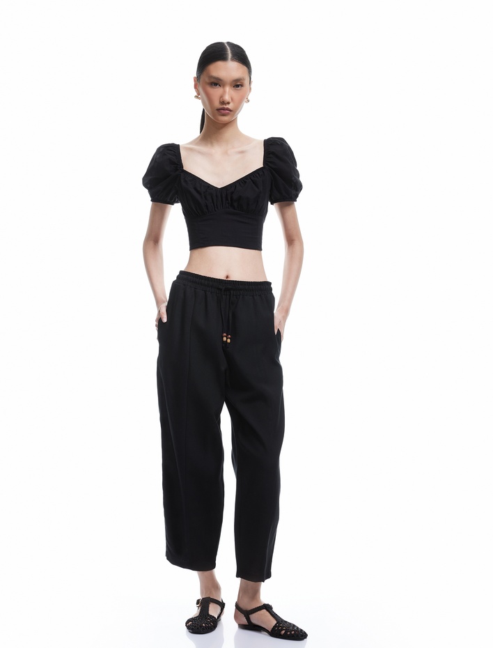  Pamuklu Kare Yaka Kısa Balon Kol Crop Bluz