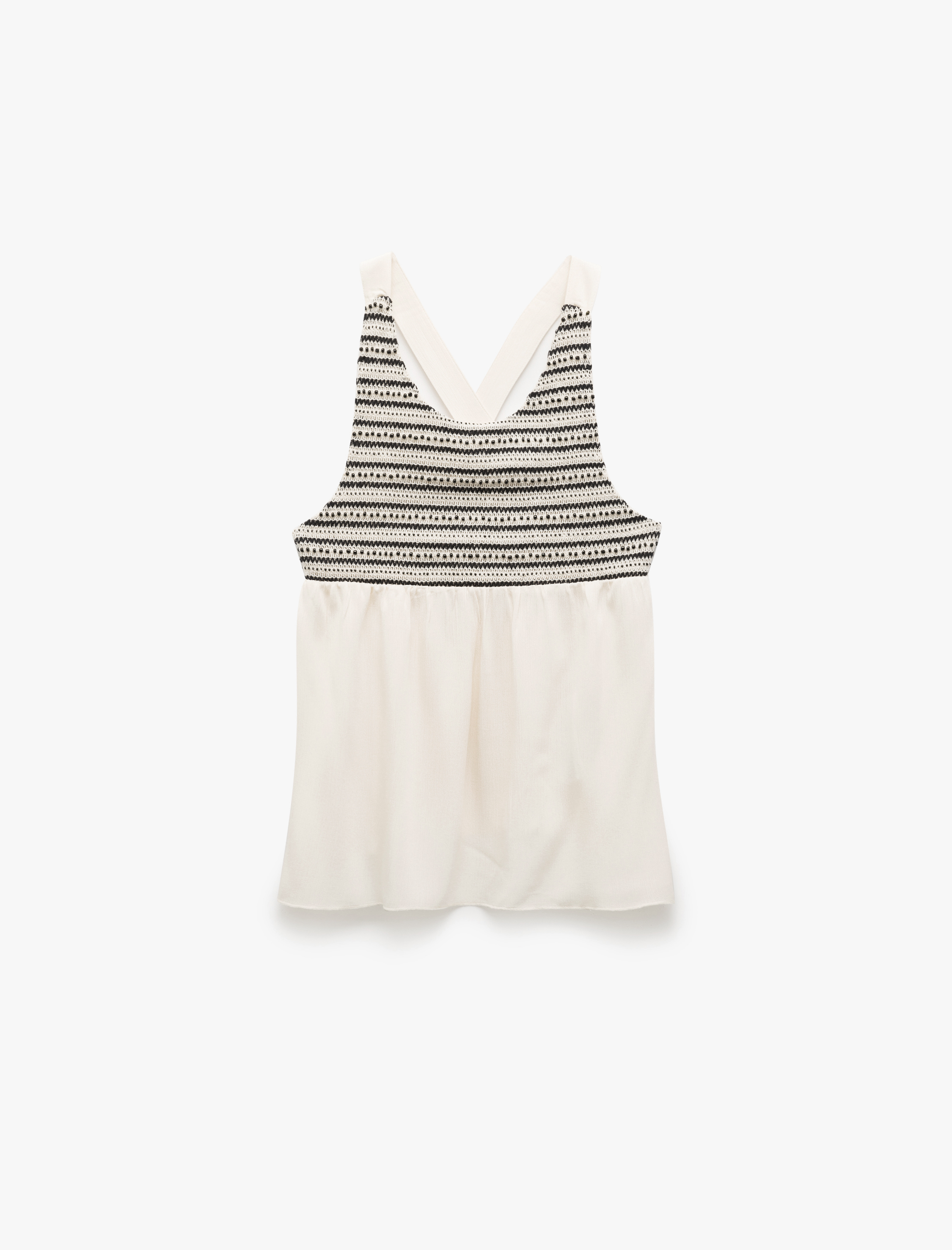   Viskon Kumaş U Yaka Kolsuz Arkası Çapraz Askılı Boncuklu Kroşe Bluz