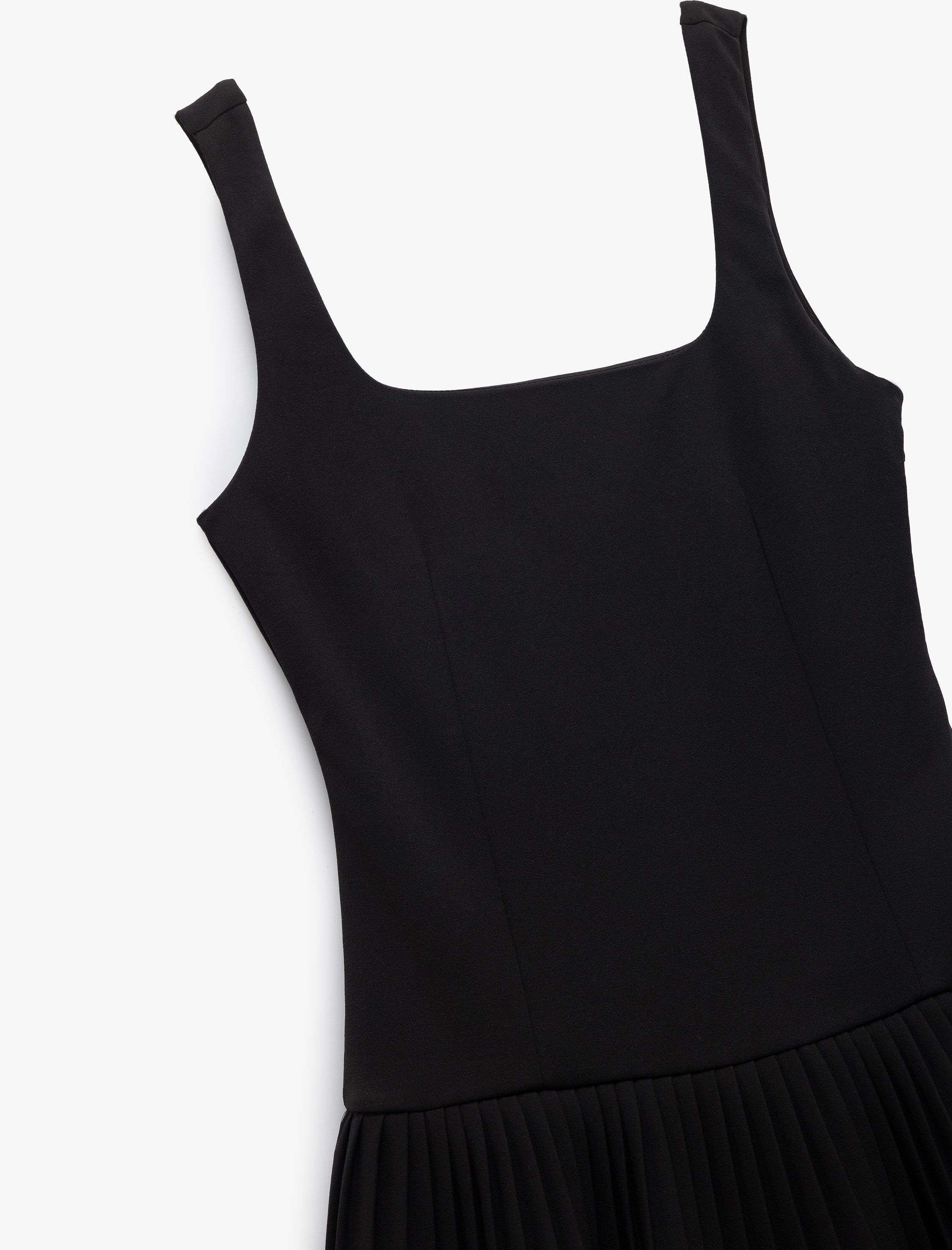   Krep Scuba Kumaş Kare Yaka Kolsuz Pileli Mini Elbise