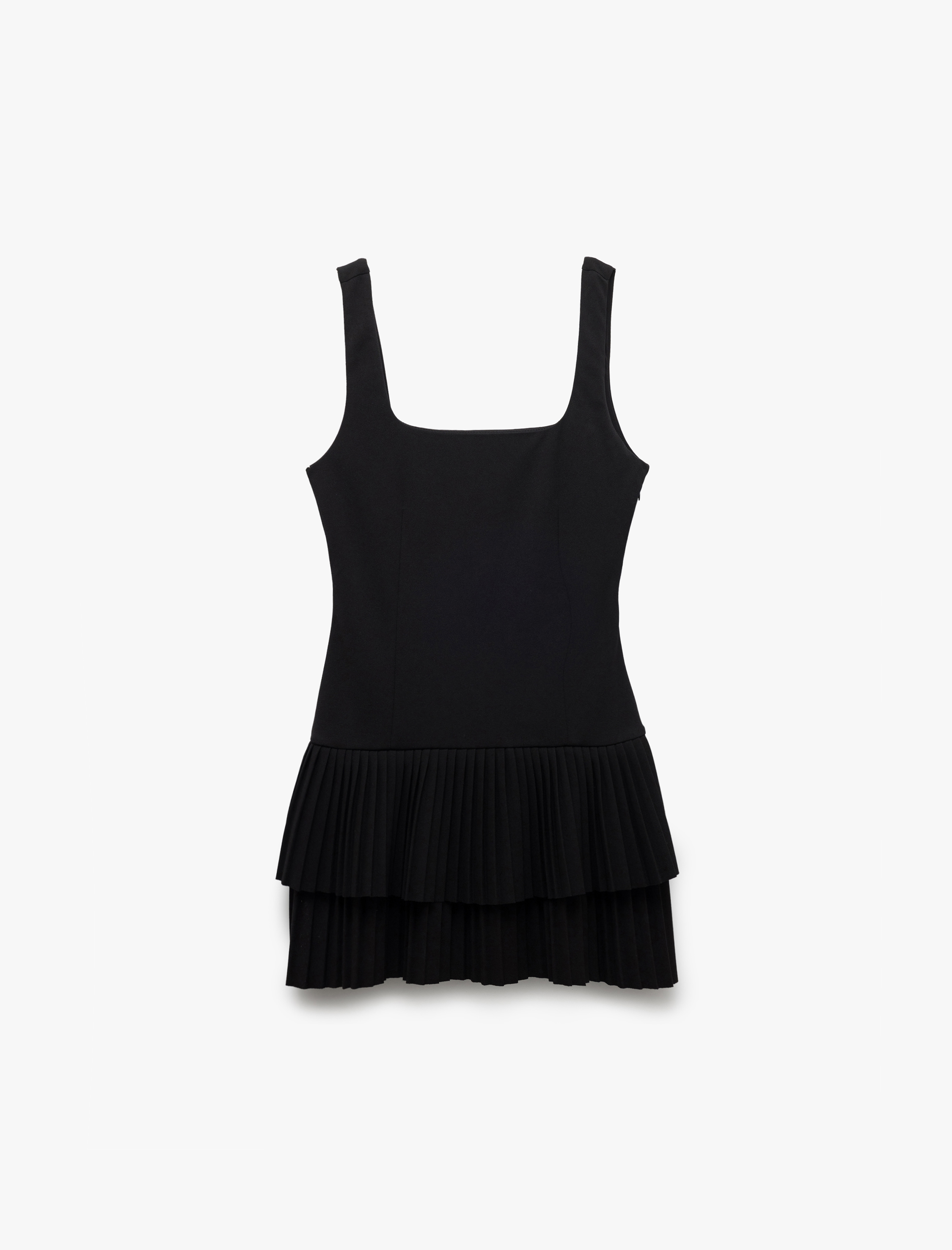   Krep Scuba Kumaş Kare Yaka Kolsuz Pileli Mini Elbise