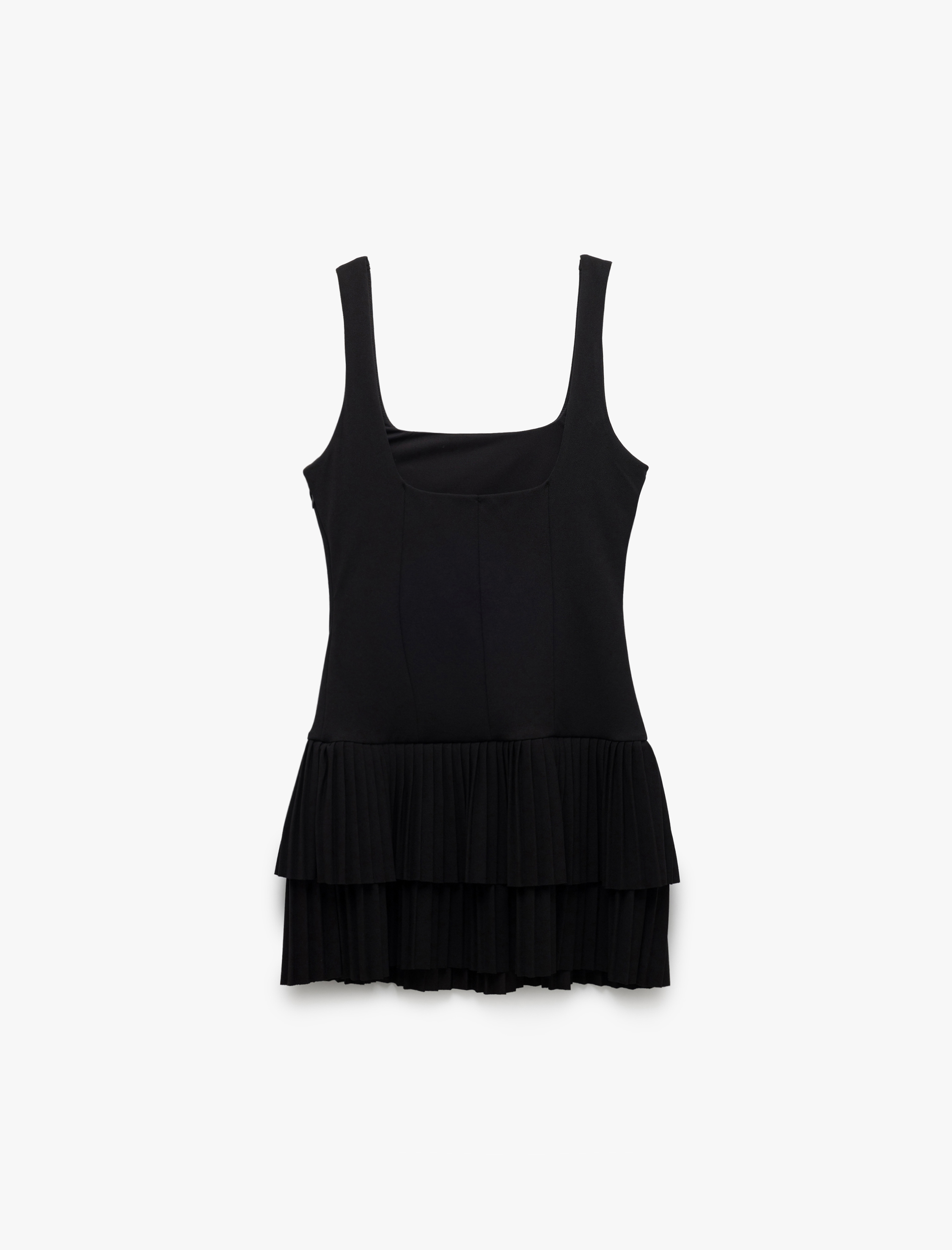   Krep Scuba Kumaş Kare Yaka Kolsuz Pileli Mini Elbise