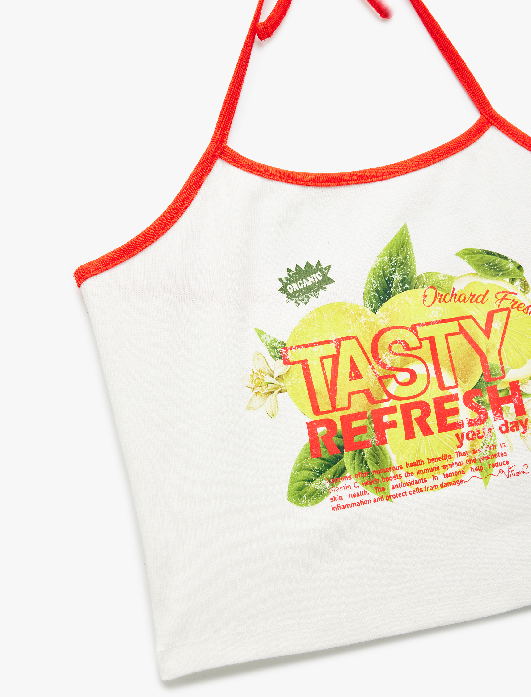   Pamuklu Kolsuz Limon Baskılı Bağcıklı Crop Dar Kesim Halter Yaka Bluz