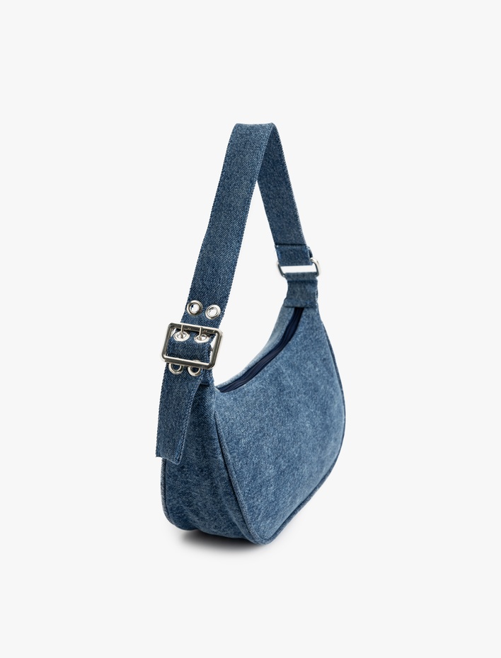 Kadın Metal Tokalı Fermuarlı Denim Omuz Çantası