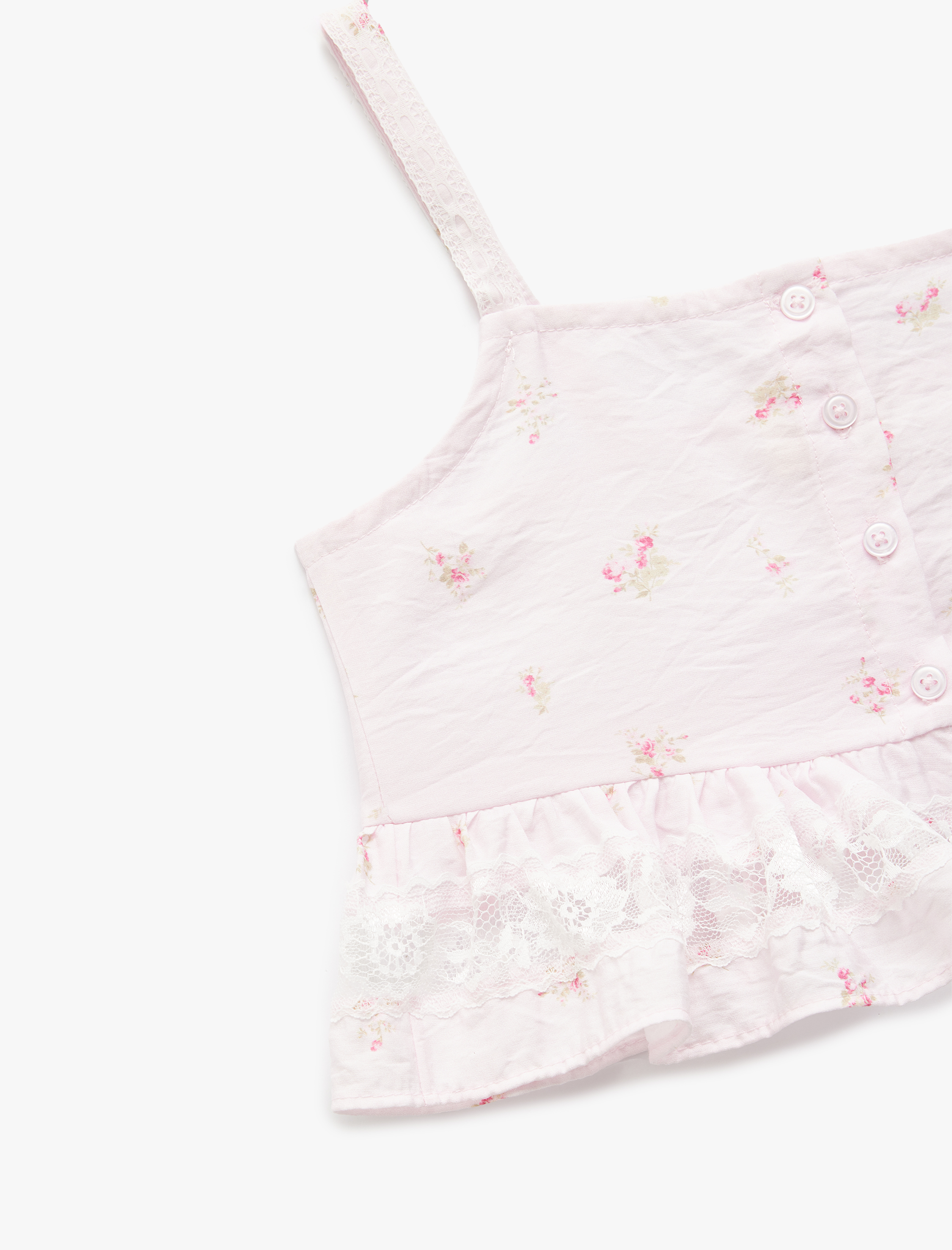  Kız Çocuk İnce Askılı Çiçek Desenli Fırfır Detaylı Viskon Crop Bluz