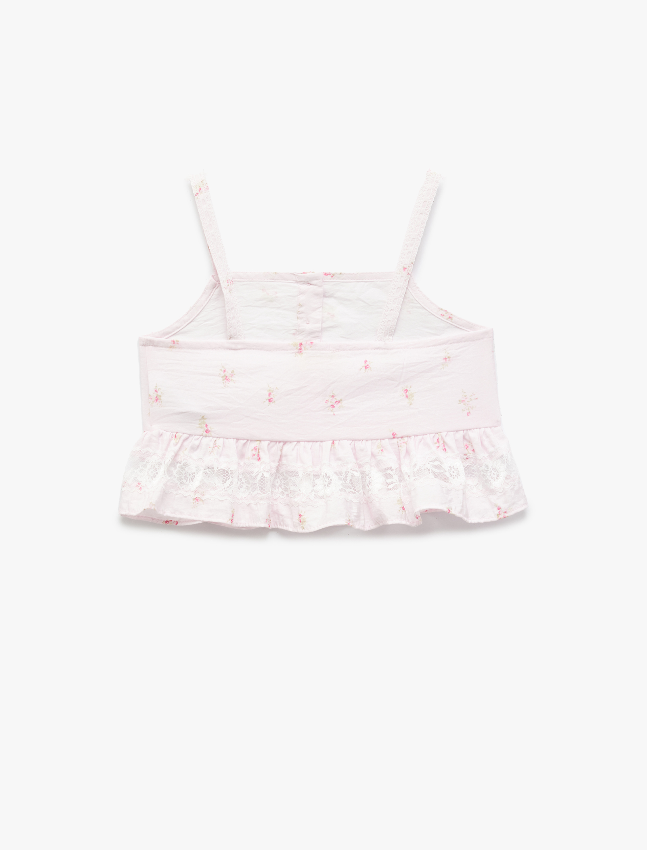  Kız Çocuk İnce Askılı Çiçek Desenli Fırfır Detaylı Viskon Crop Bluz